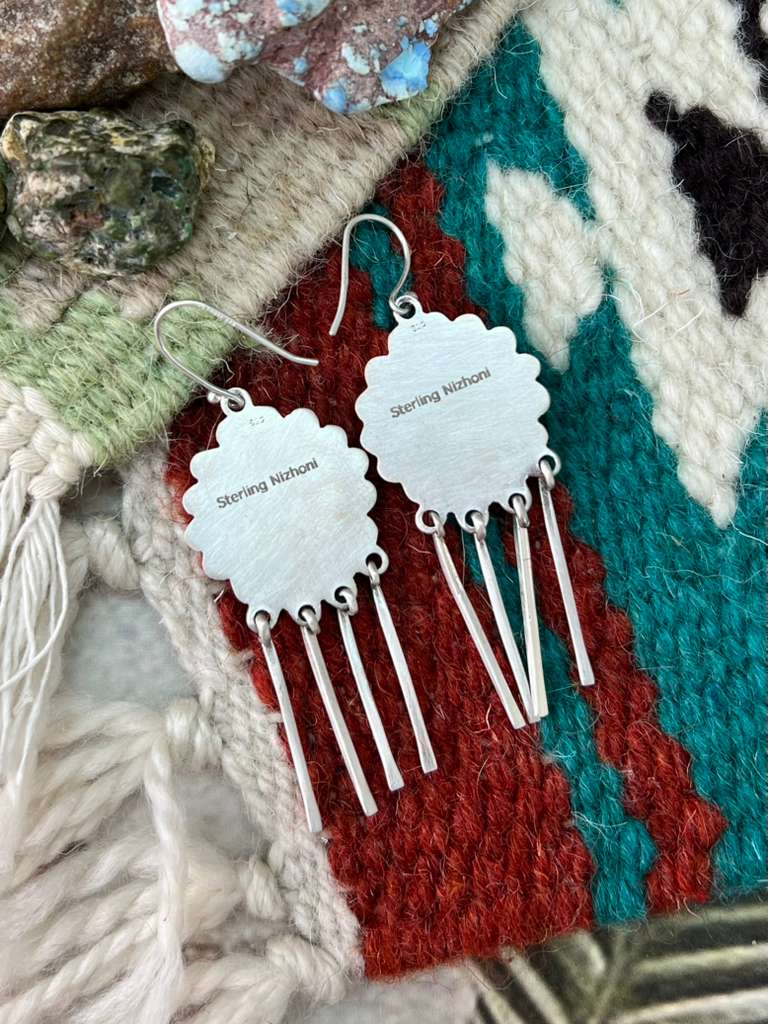 Handmade Sterling Silver White Buffalo Post Dangle Earrings "Signed Nizhoni"