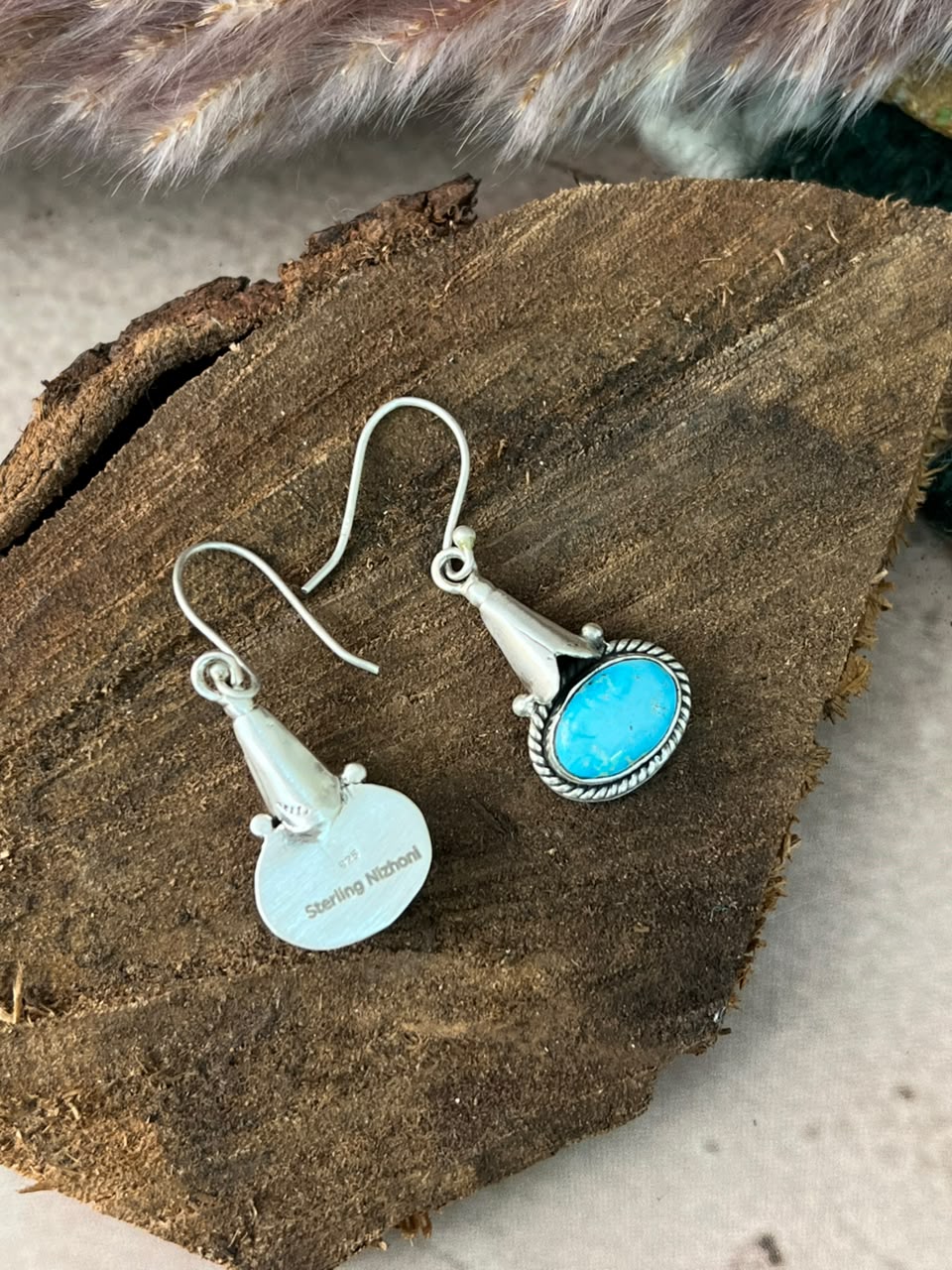 Handmade Sterling Silver White Water Turquoise Hook Dangle Earrings Signed Nizhoni