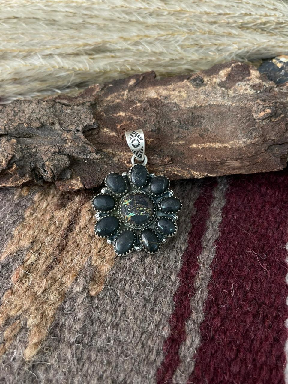 Handmade Sterling Silver Blackjack Turquoise Pendant "Signed Nizhoni"