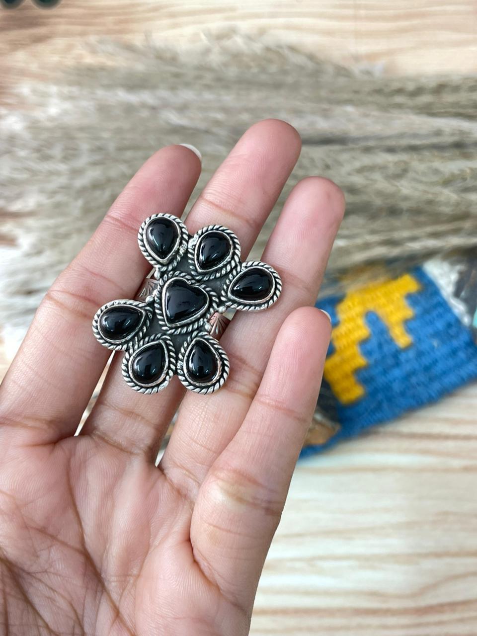 Handmade Sterling Silver Black Onyx Adjustable Ring "Signed Nizhoni"