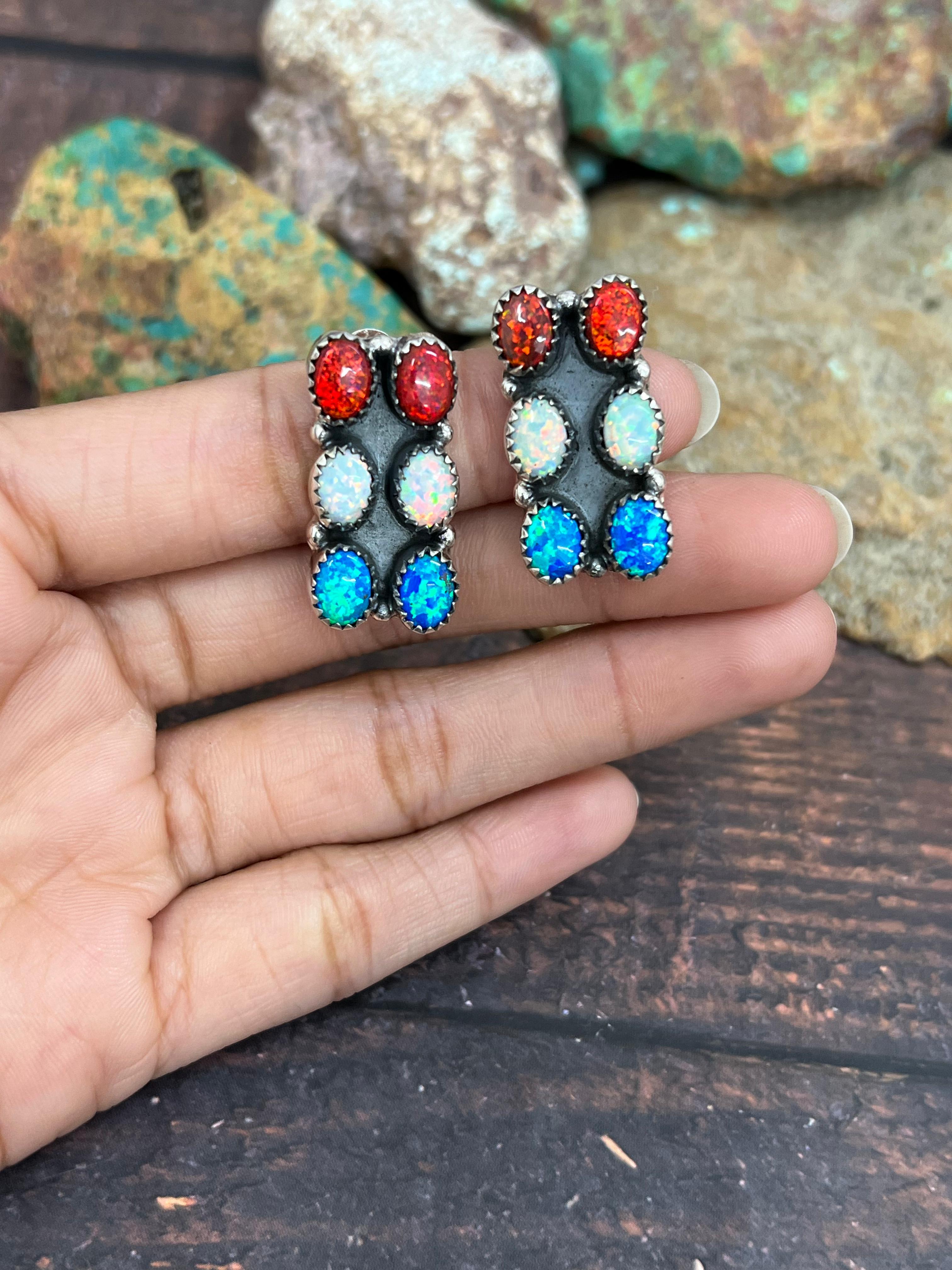 ** 4TH OF JULY ** Handmade Sterling Silver Synthetic Opal Post Earrings with Signed Nizhoni