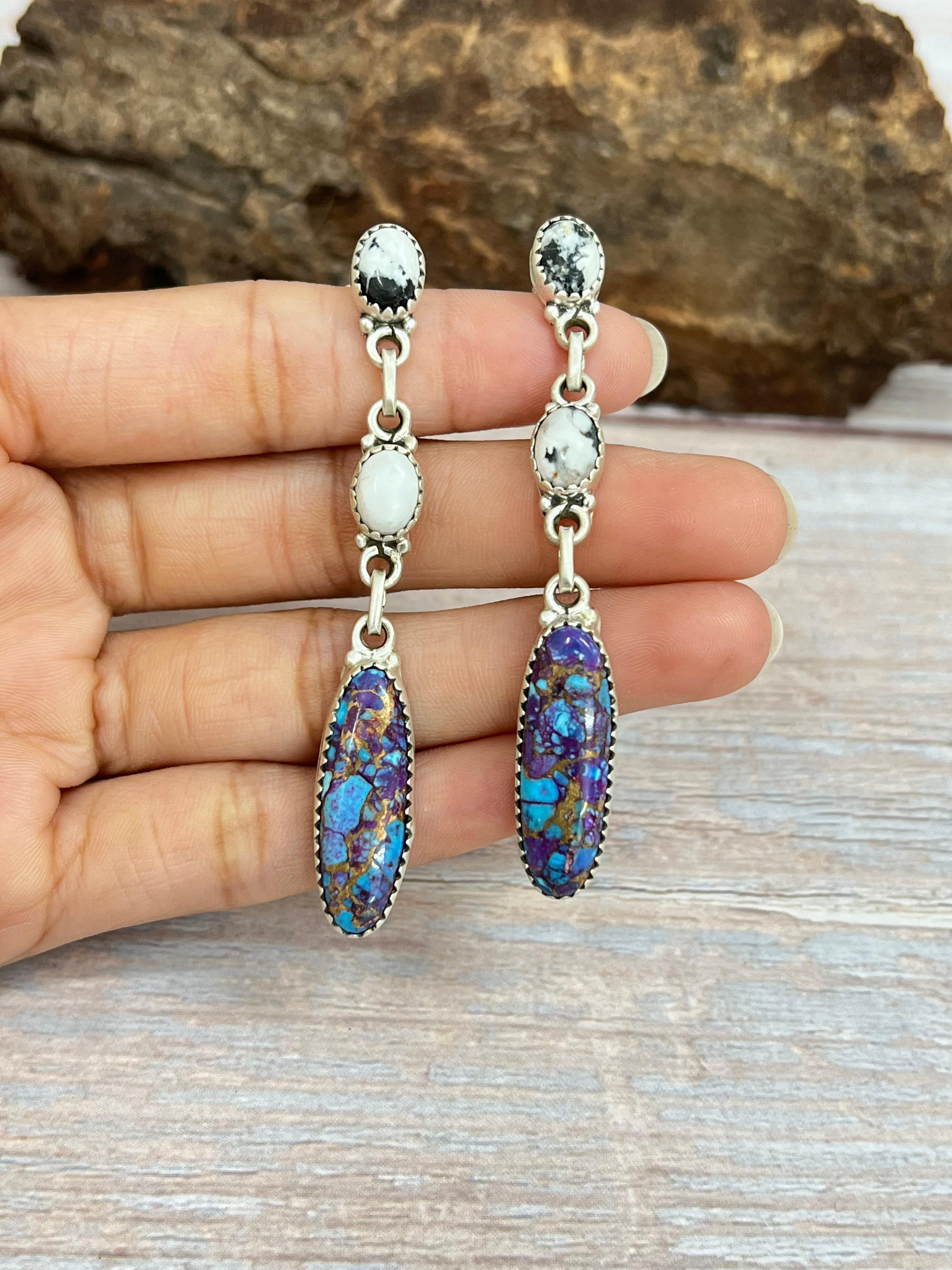 Handmade Sterling Silver Purple Kingman Mojave with White Buffalo Turquoise Dangle Earrings, Signed Nizhoni