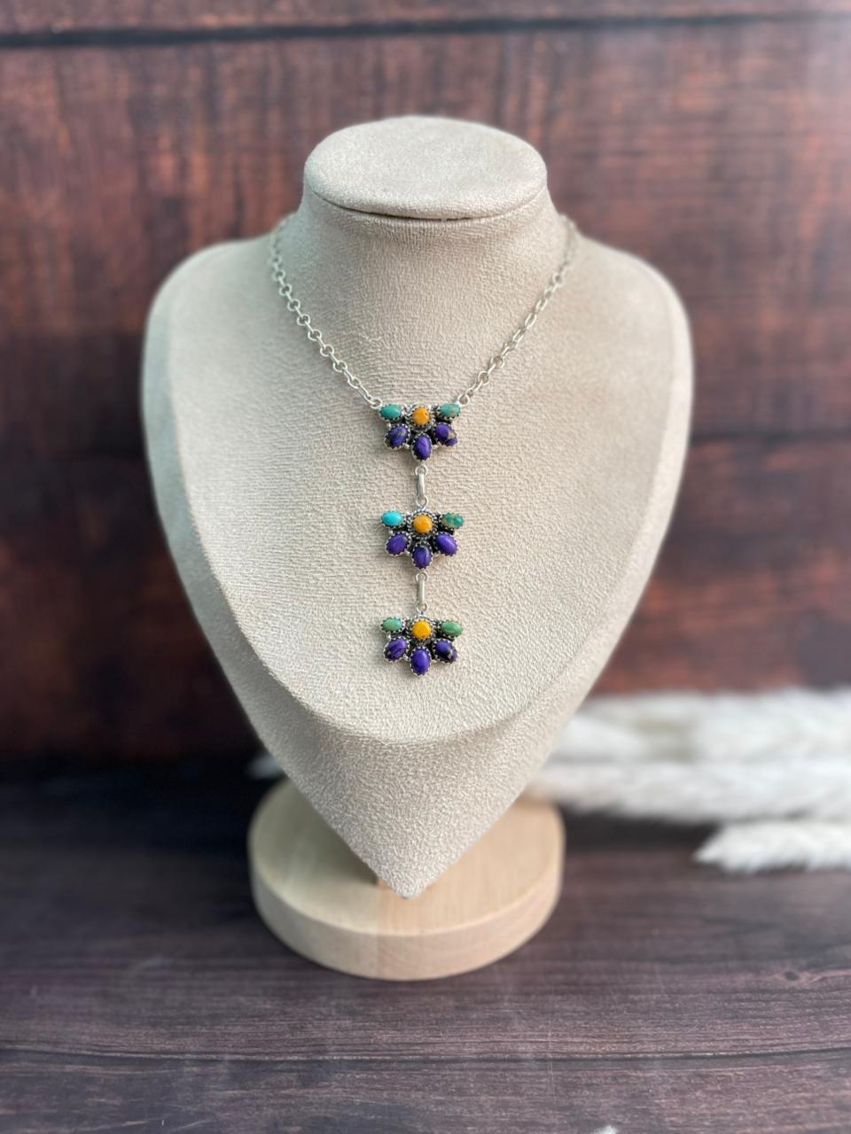 Handmade Sterling Silver Kingman with Orange Mojave and Grape Dahlia Necklace "Signed Nizhoni"