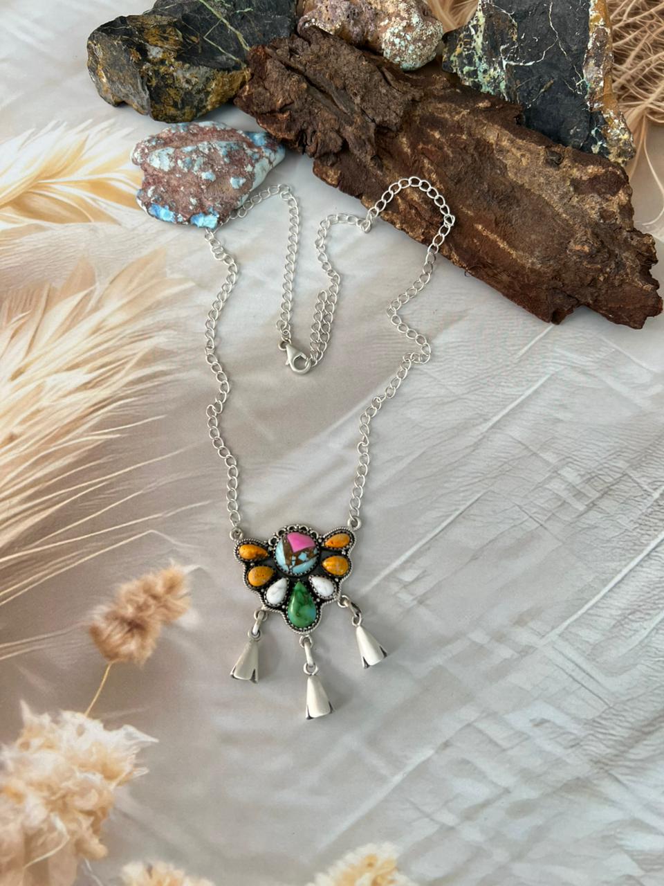Handmade Sterling Silver Spring Collection: White Buffalo with Cotton Candy, Bumblebee and Sonoran Necklace "Signed Nizhoni"