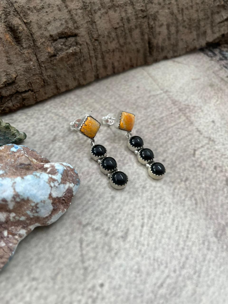 Handmade Sterling Silver Bumblebee with Black Onyx Post Dangle Earrings with Signed Nizhoni