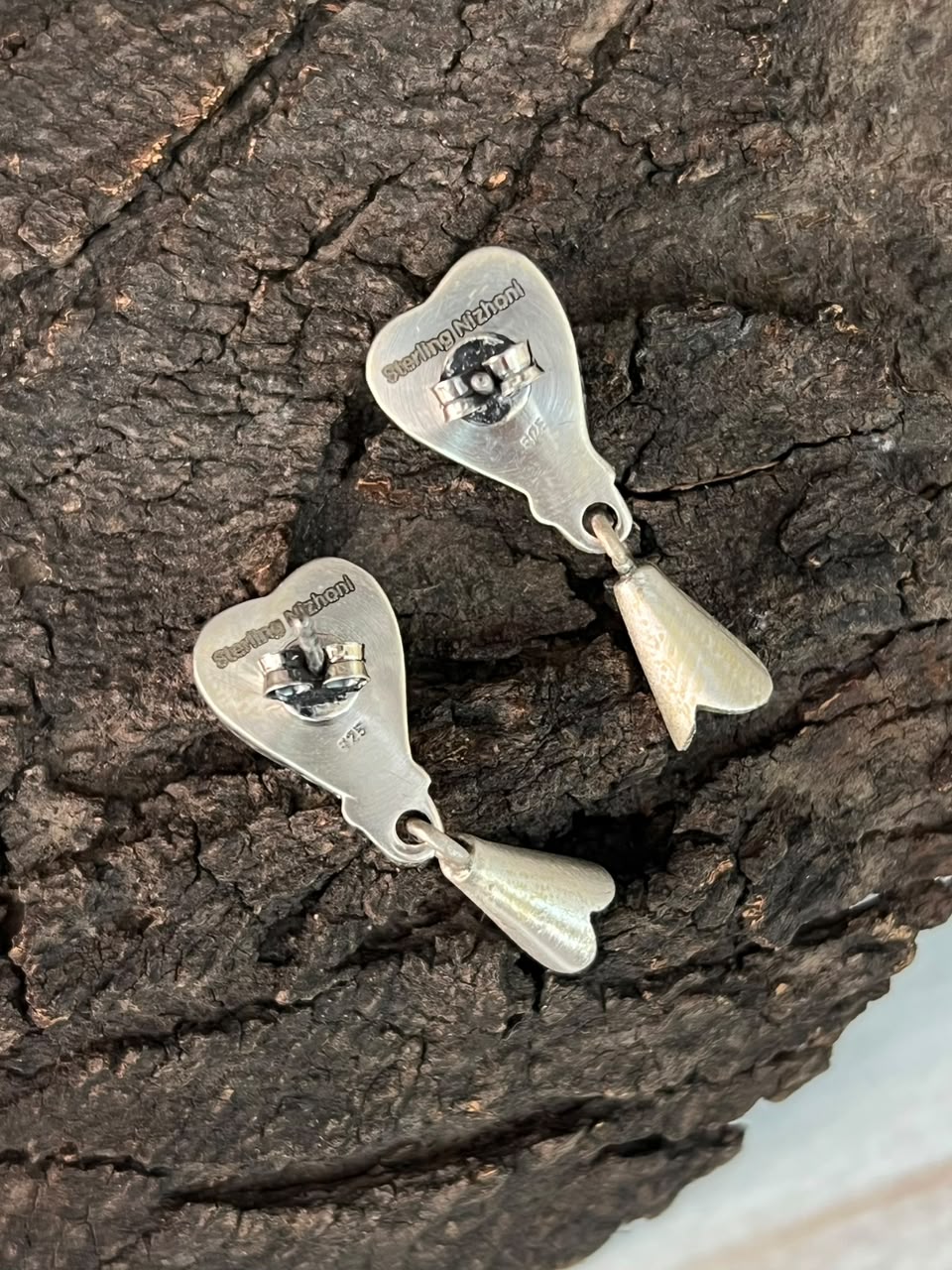 Handmade Sterling Silver Kingman Turquoise Post Squash Blossom Heart Dangle Earrings Signed Nizhoni
