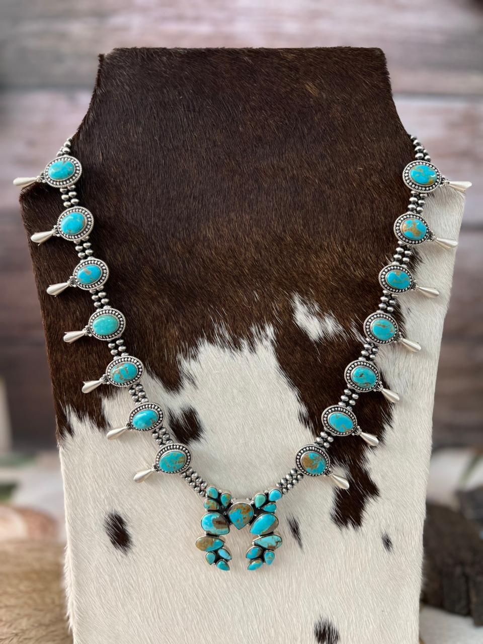 Handmade Sterling Silver Santa Maria Turquoise Squash Blossom Beaded Necklace "Signed Nizhoni"