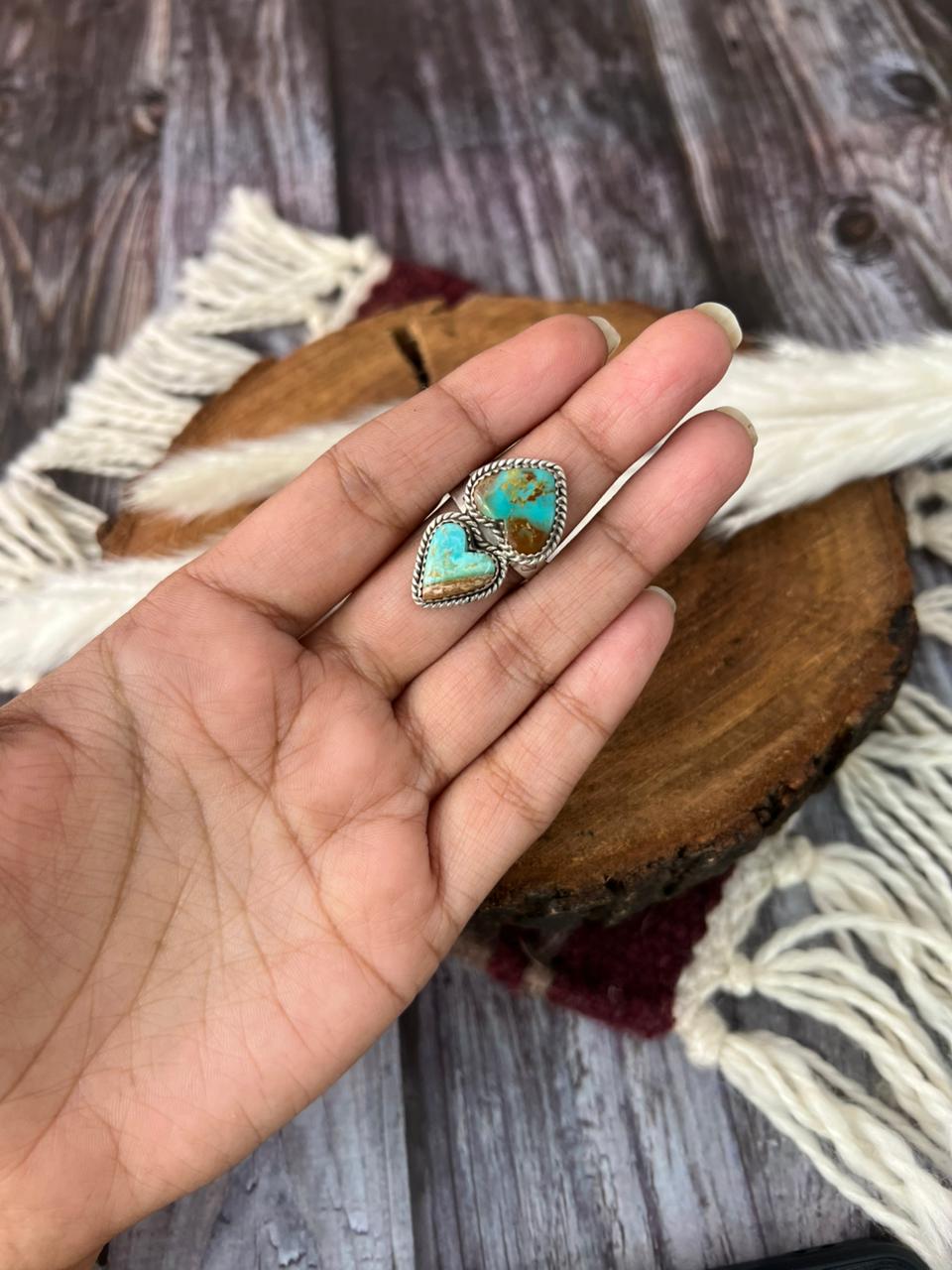 Handmade Sterling Silver Royston Ribbon Turquoise Adjustable Ring "Signed Nizhoni"