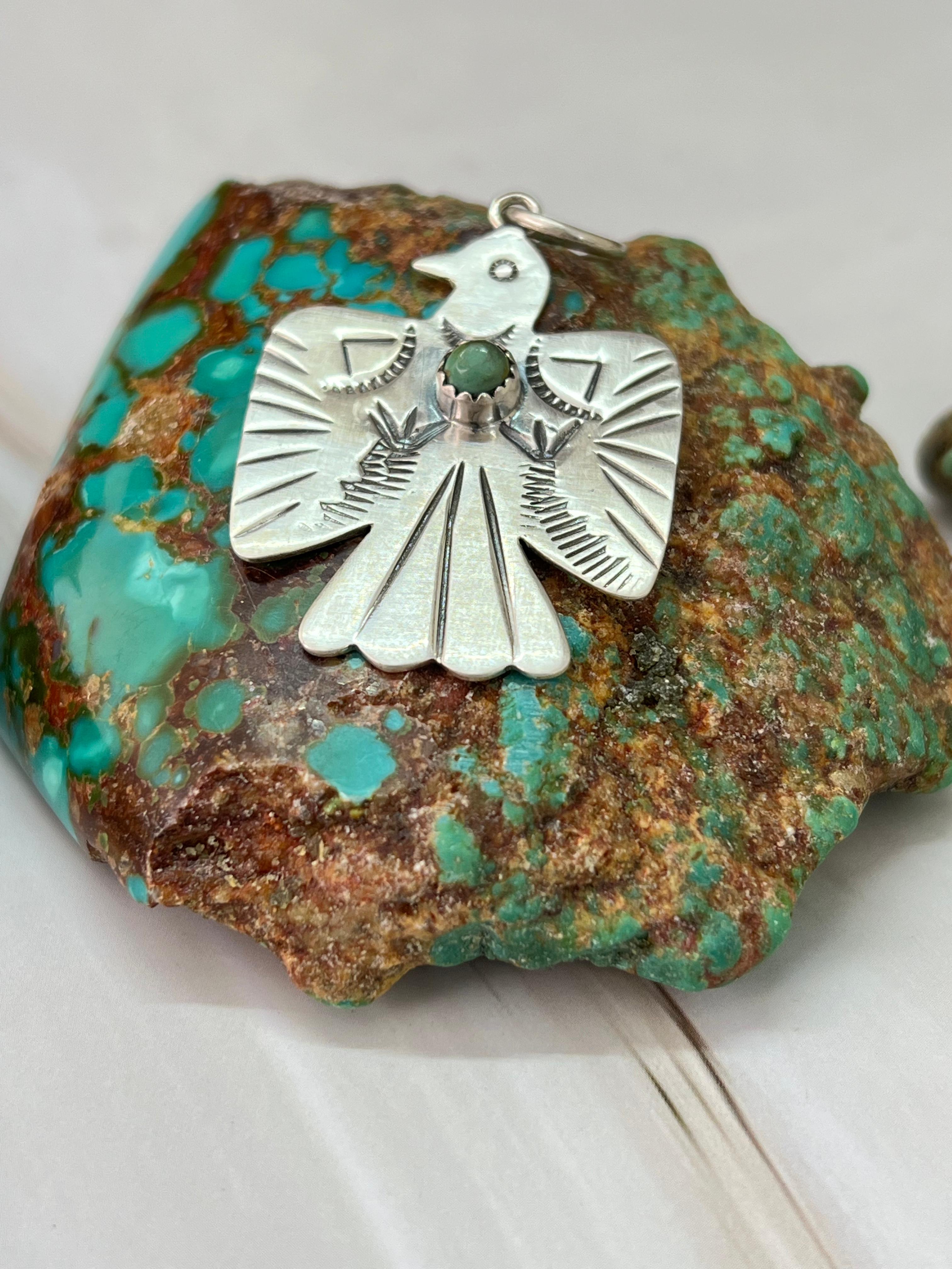 Handmade Sterling Silver Thunder Bird Kingman Turquoise Charms with Signed Nizhoni