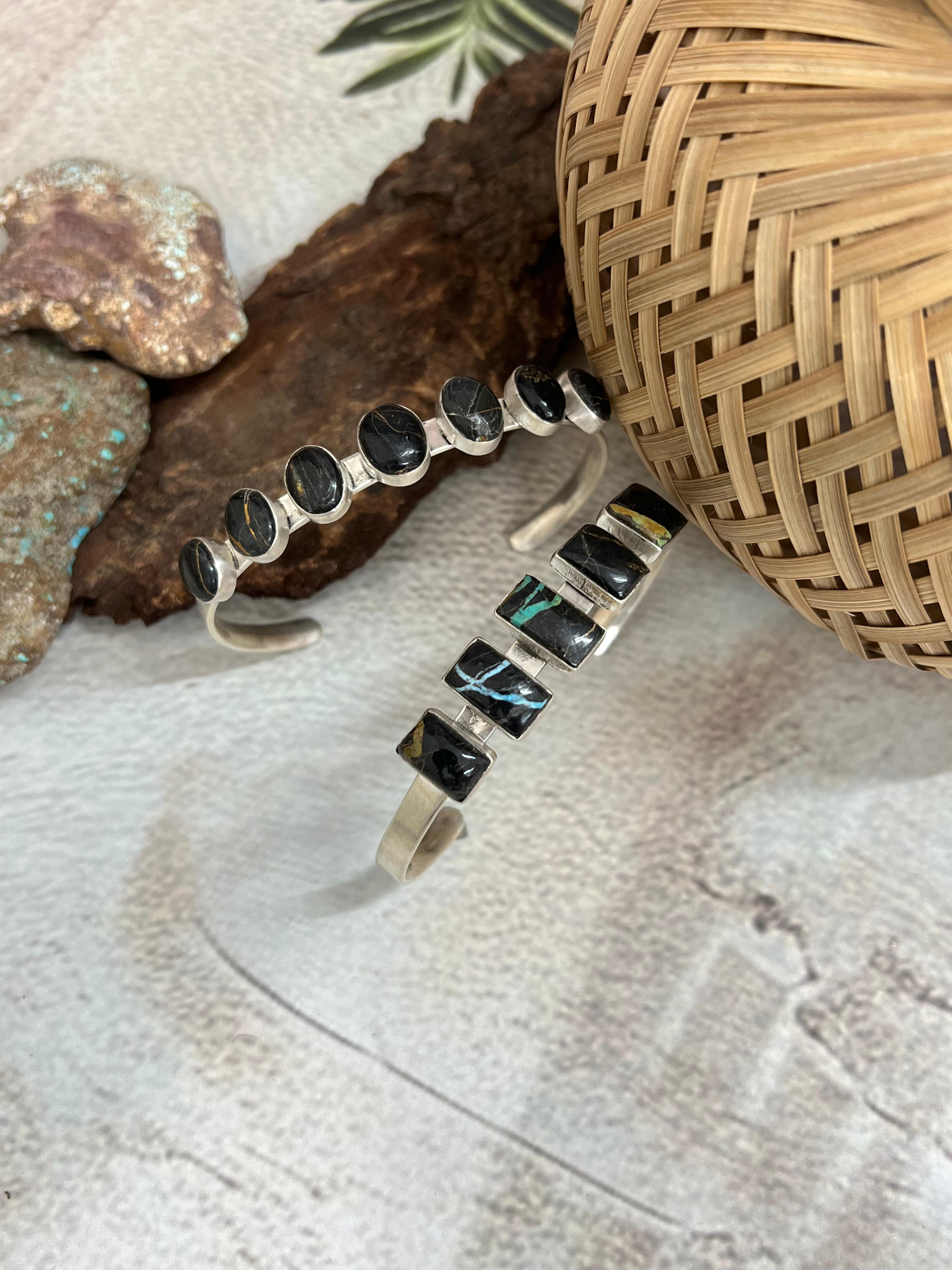 Handmade Sterling Silver Blackjack Turquoise Cuff Bracelet Signed Nizhoni