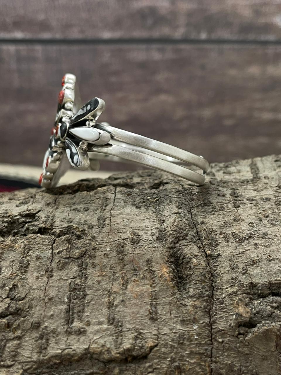 "Christmas Collection" Handmade Sterling Silver White Buffalo With Red Opal Cuff Bracelet "Signed Nizhoni"