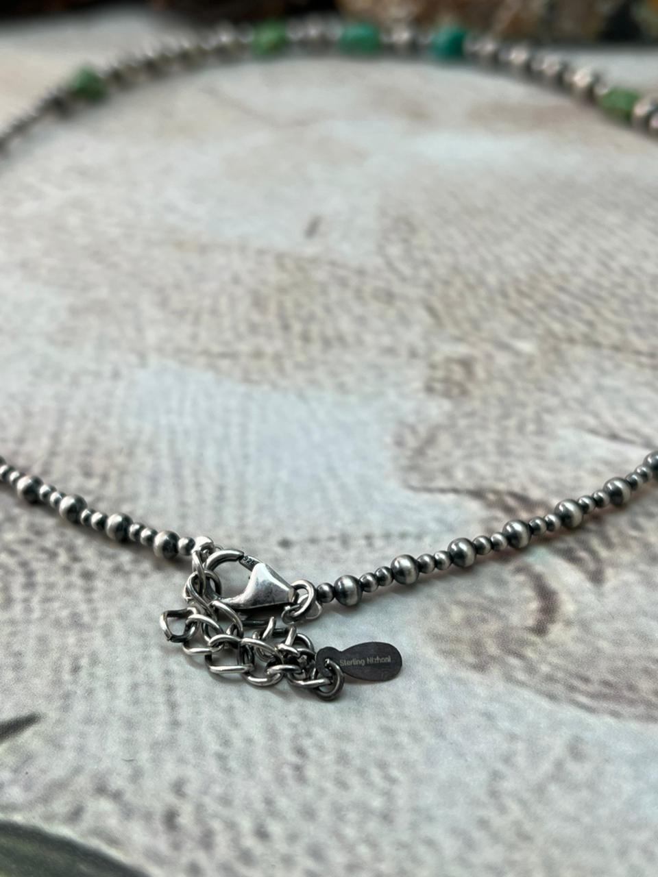 Handmade Sterling Silver Beaded Emerald Valley Turquoise Necklace "Signed Nizhoni"