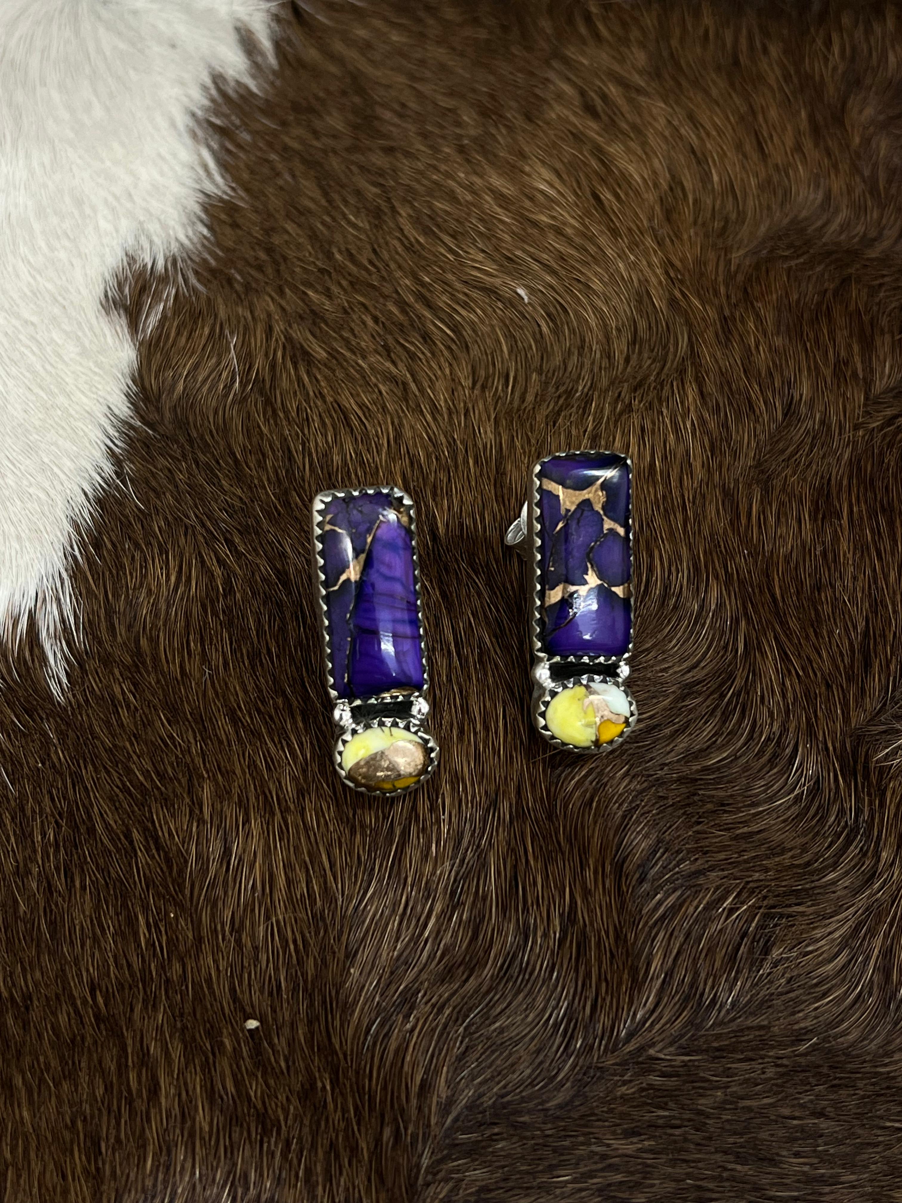 Handmade Sterling Silver Grape Dahlia With Honey Dahlia Post Studs with Signed Nizhoni