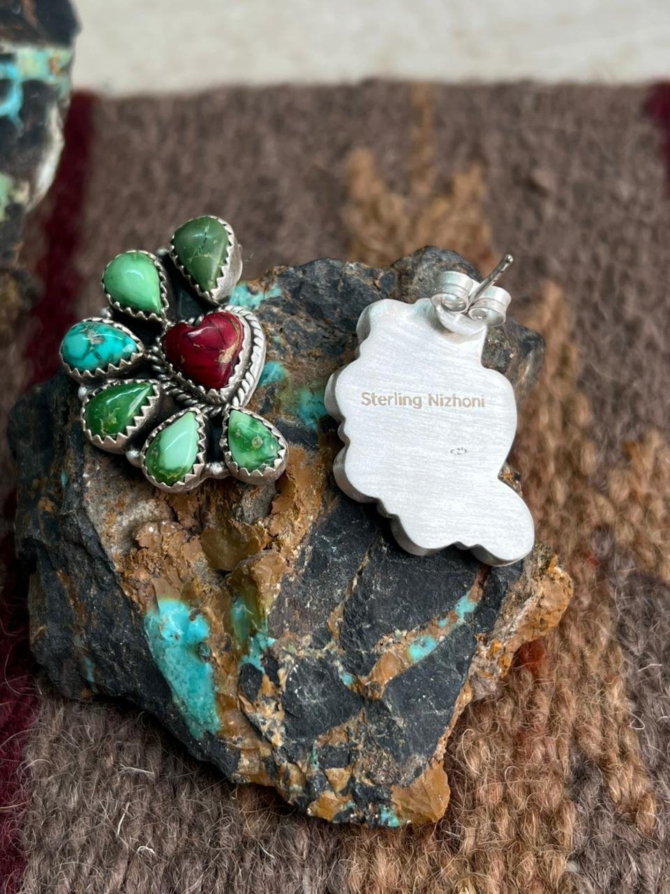Handmade Sterling Silver Dahlia Rose with Emerald Valley Turquoise Post Earrings "Signed Nizhoni"
