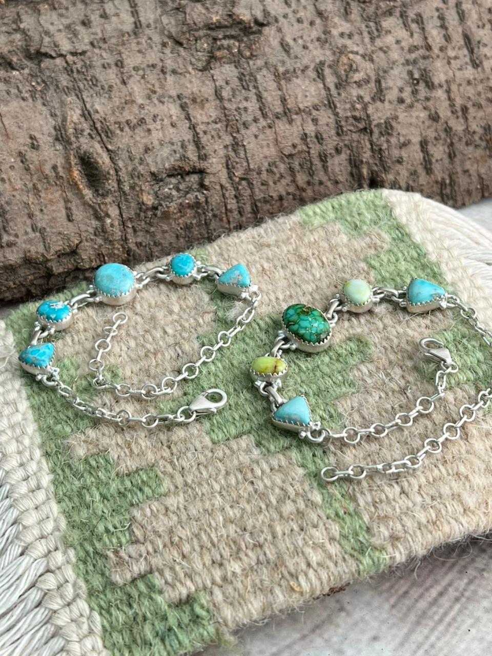 Handmade Sterling Silver Palomino with White Water Turquoise Chain Bracelet "Signed Nizhoni"