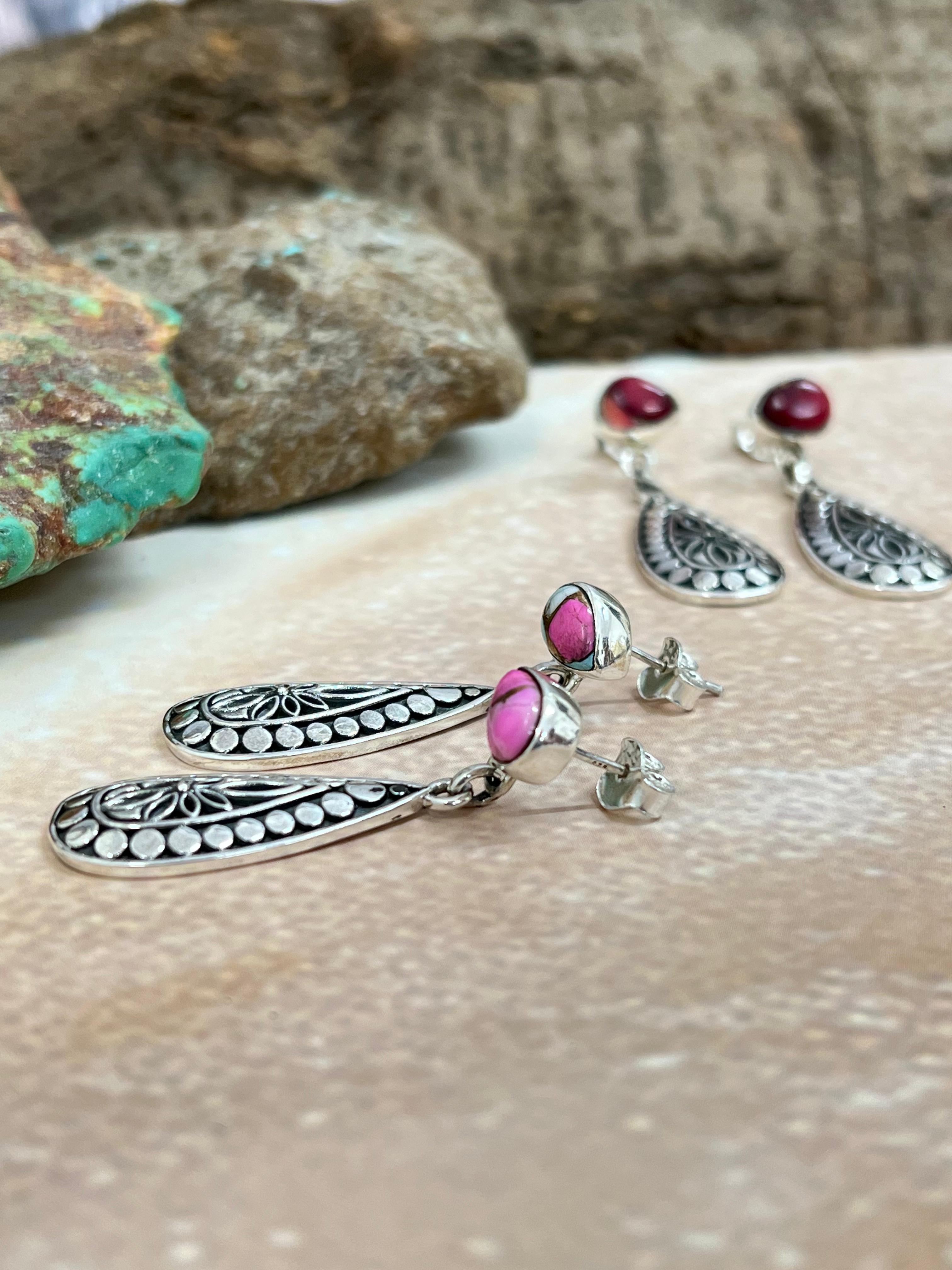 Handmade Sterling Silver Peacock Dahlia, Dahlia Rose, Cotton Candy Turquoise Post Earrings with Signed Nizhoni