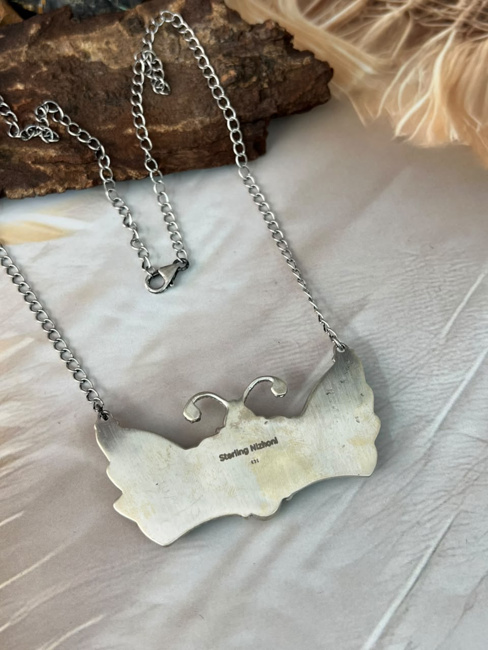 Handmade Sterling Silver Palomino with Kingman Turquoise and Orange Mojave Butterfly Necklace Signed Nizhoni