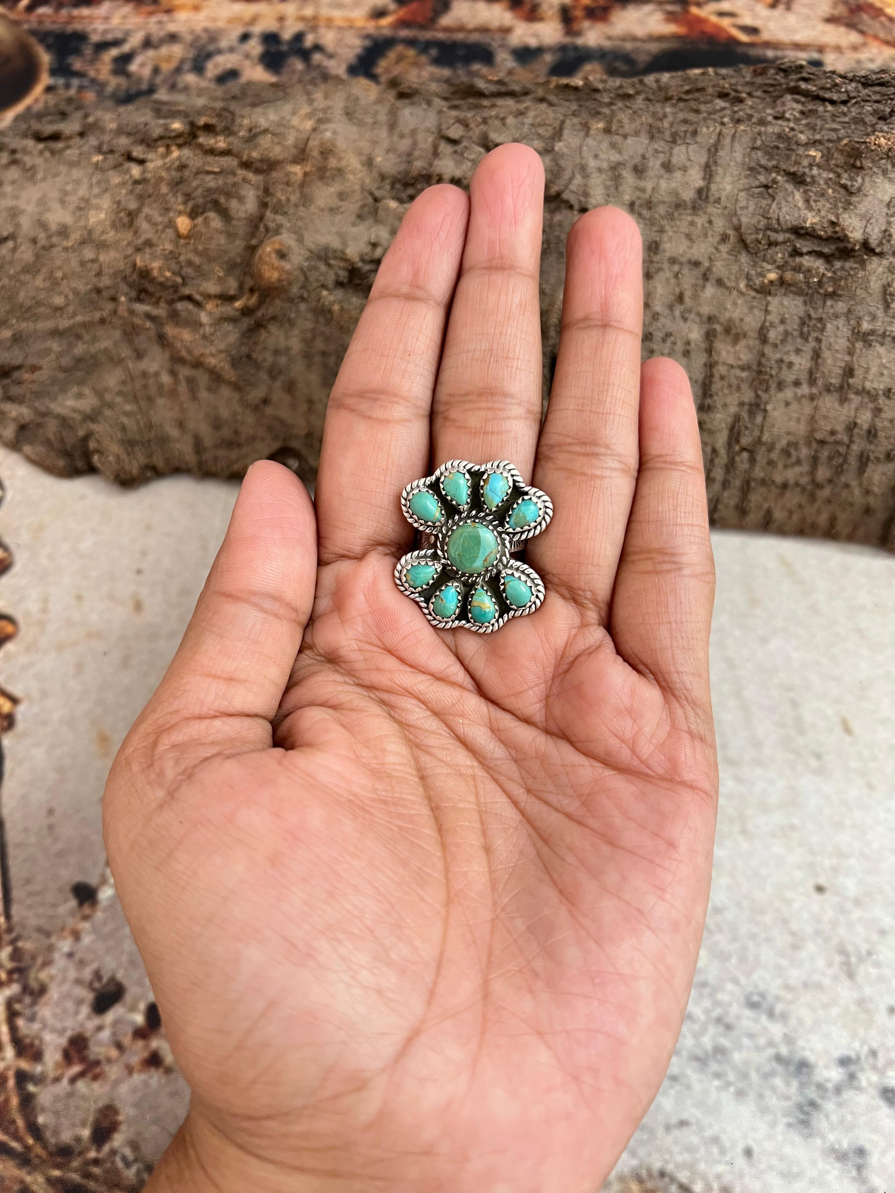 Handmade Sterling Silver Kingman Turquoise Adjustable Ring, Signed Nizhoni