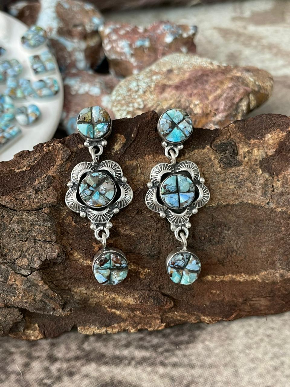 Handmade Sterling Silver Golden Hills Cobble Collection Post Dangle Earrings "Signed Nizhoni"