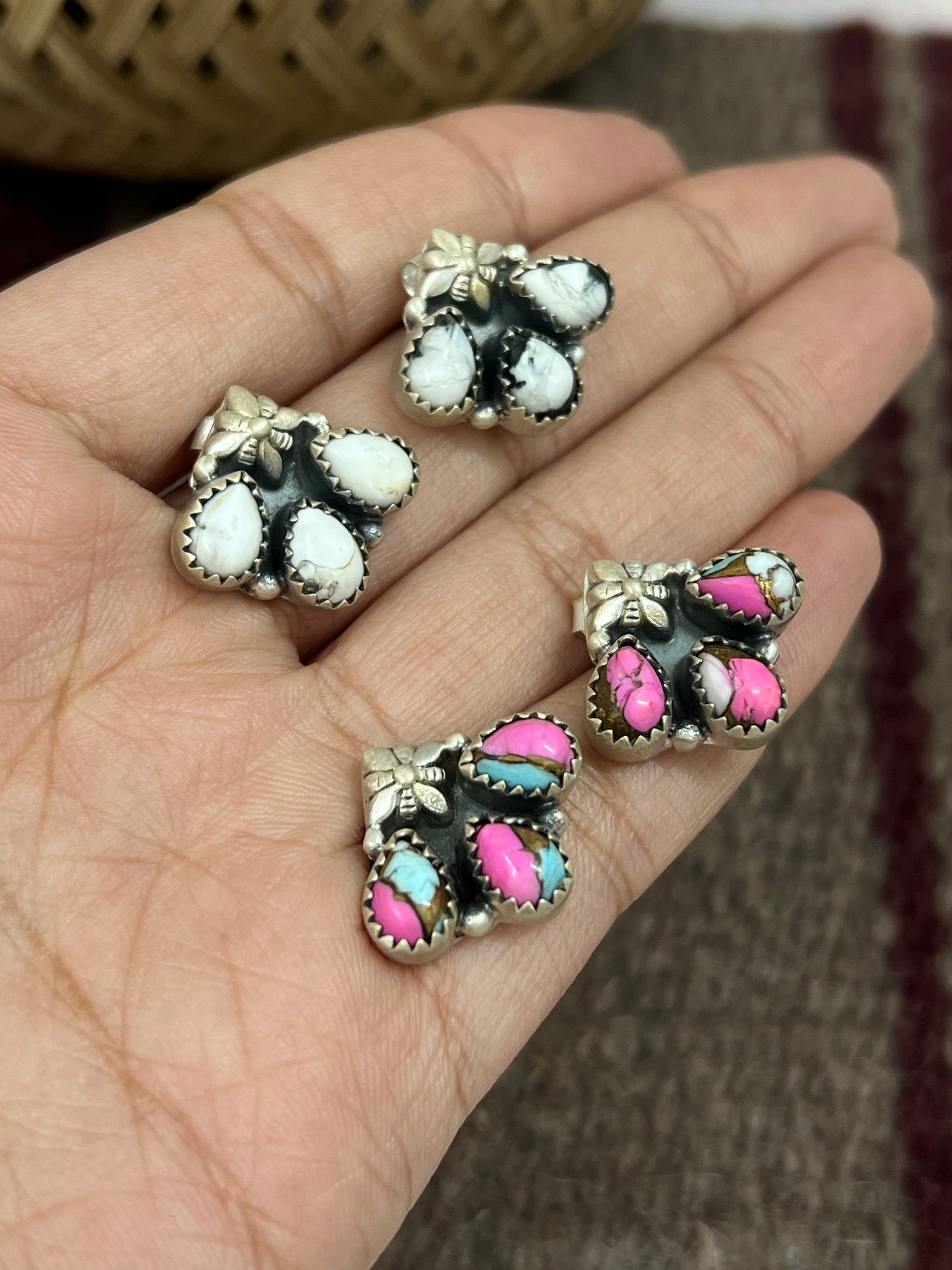 Handmade Sterling Silver Cotton Candy, Wild Horse Post Earrings with Signed Nizhoni