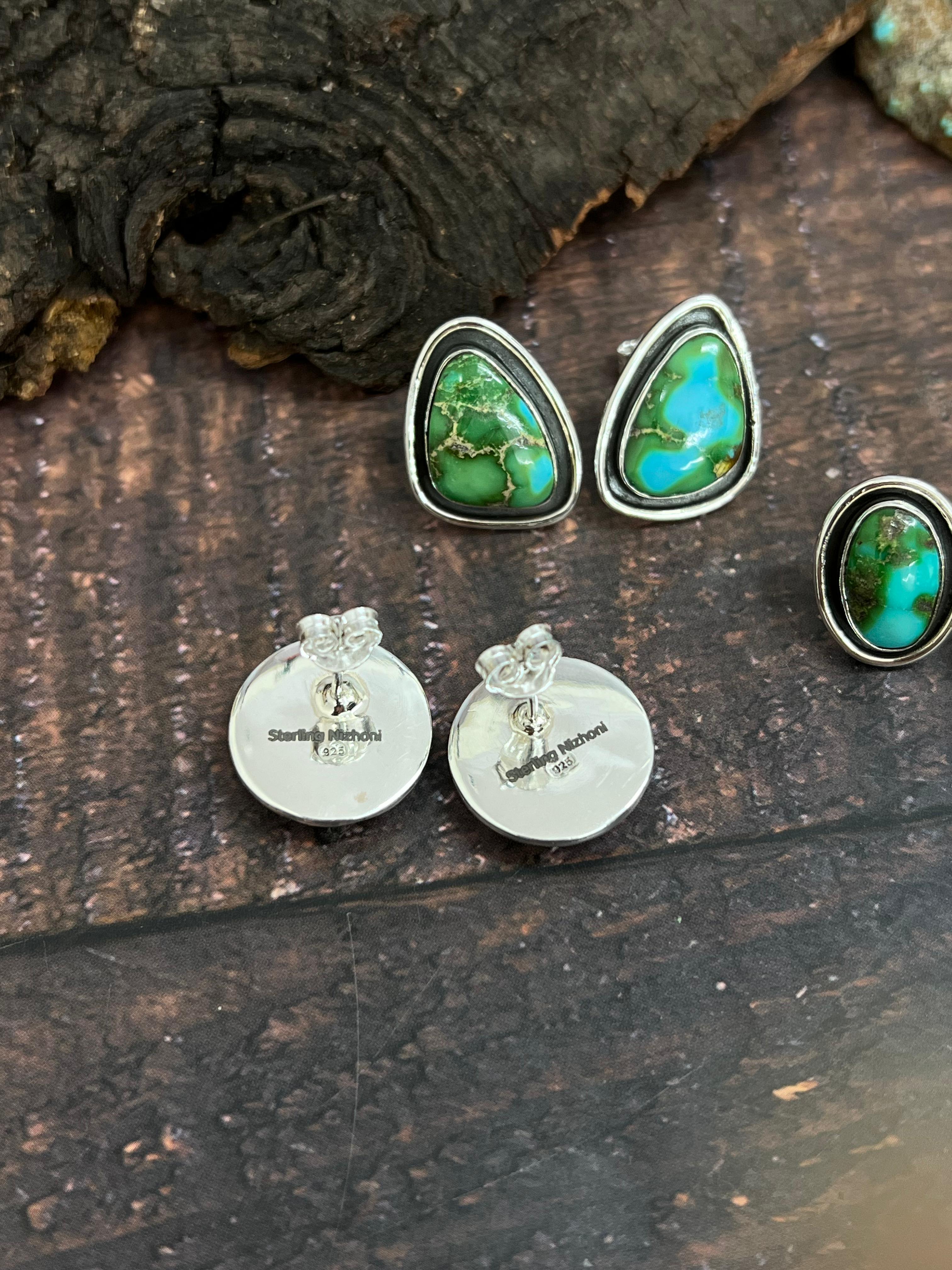 Handmade Sterling Silver Sonoran Mountain Turquoise Stud Post Studs with Signed Nizhoni
