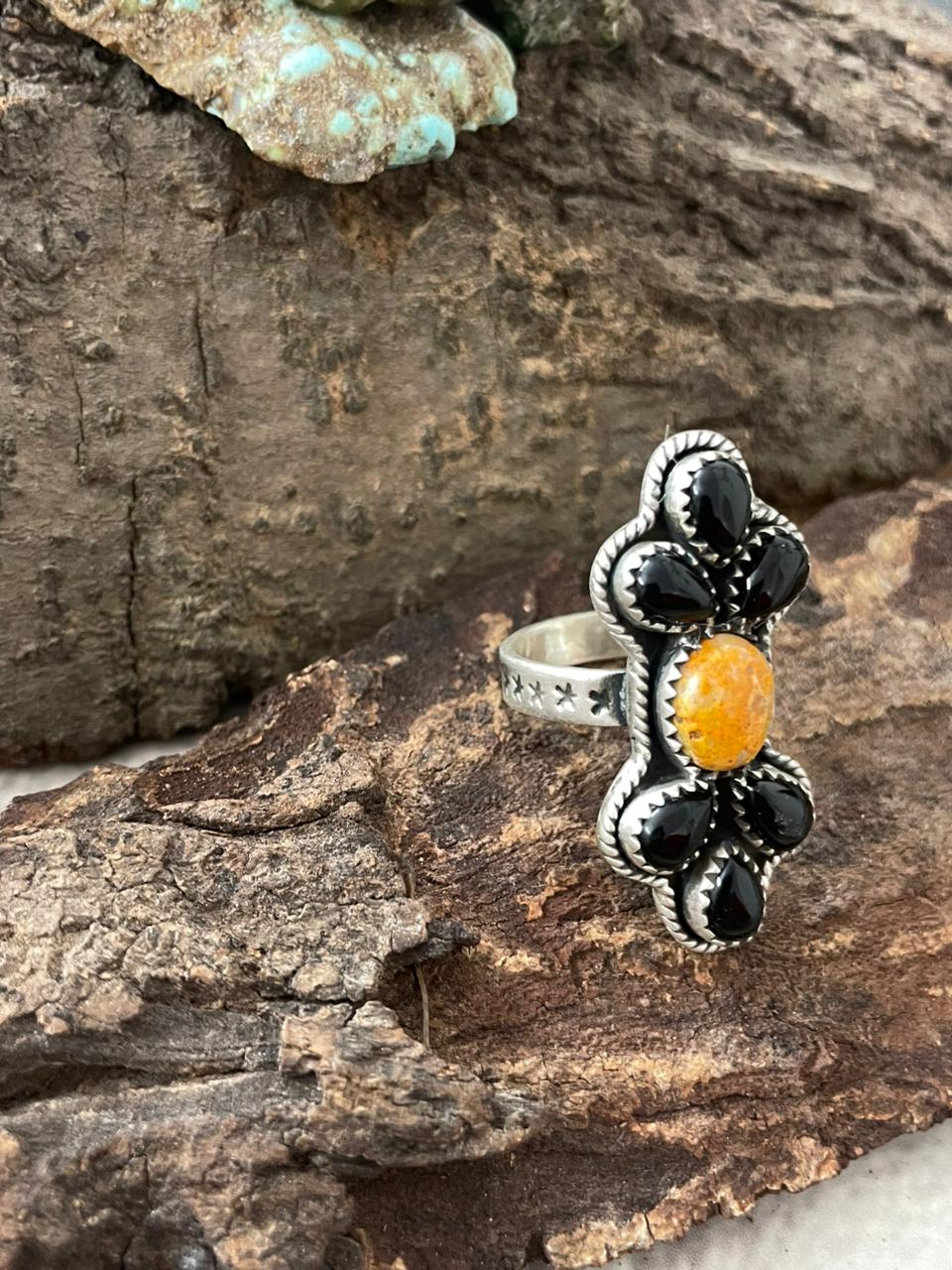 "Halloween Collection" Handmade Sterling Silver Black Onyx, Bumblebee Adjustable Ring with Signed Nizhoni