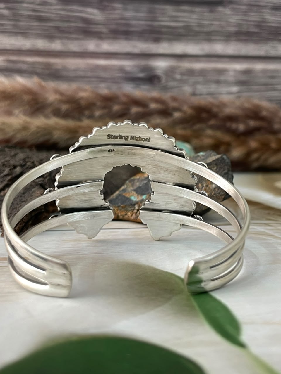 Handmade Sterling Silver Kingman Turquoise with White Buffalo Naja Cuff Bracelet Signed Nizhoni