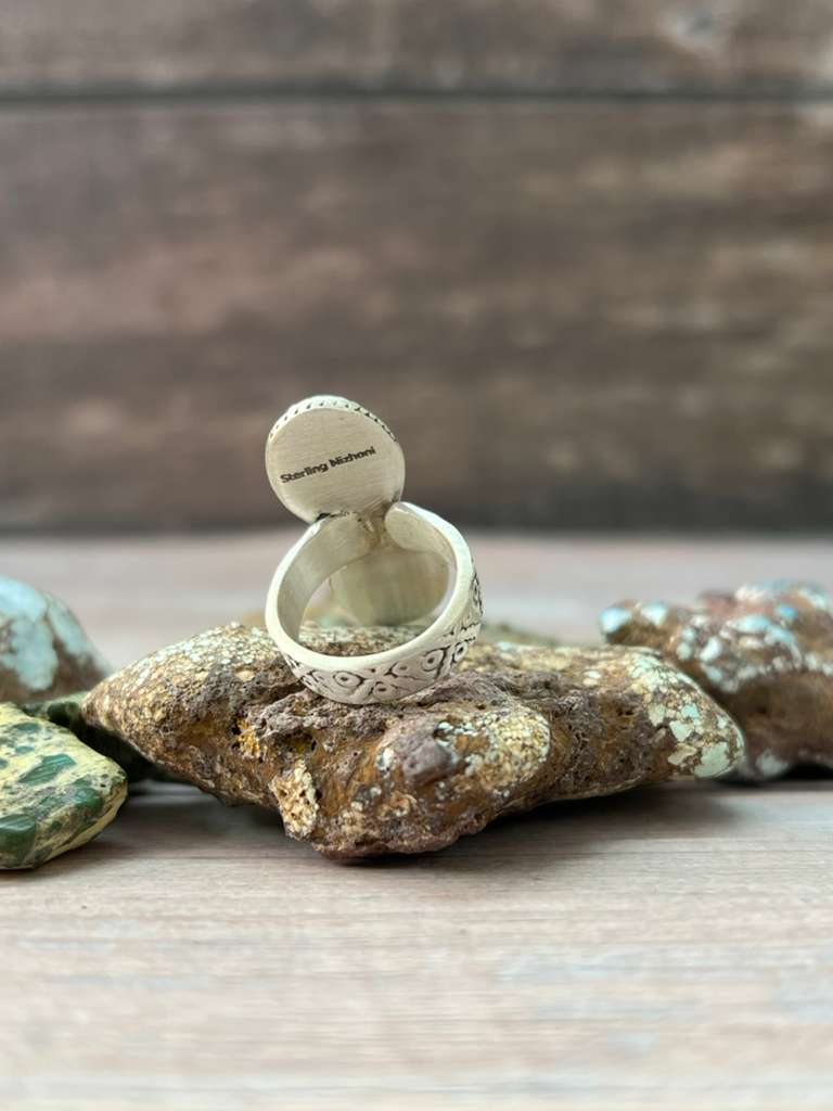 Handmade Sterling Silver Kingman Turquoise Adjustable Ring "Signed Nizhoni"