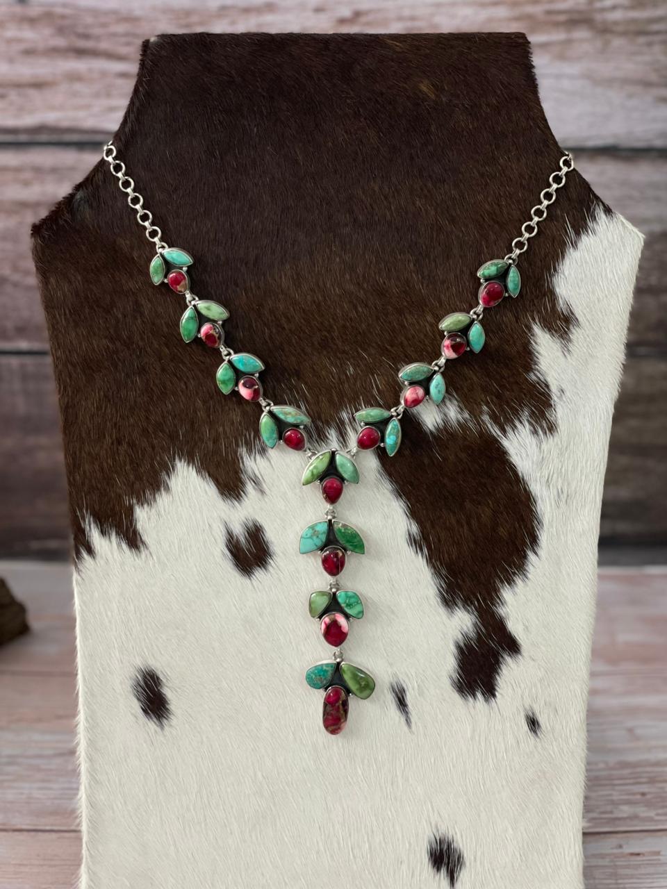 Handmade Sterling Silver Dahlia Rose with Emerald Valley Turquoise Necklace "Signed Nizhoni"