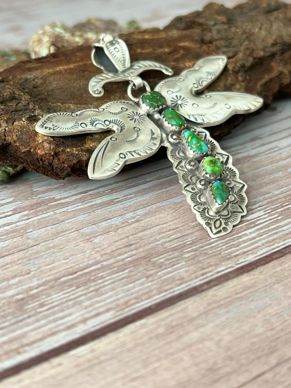 Handmade Sterling Silver Sonoran Mountain Turquoise Butterfly Pendant with Signed Nizhoni