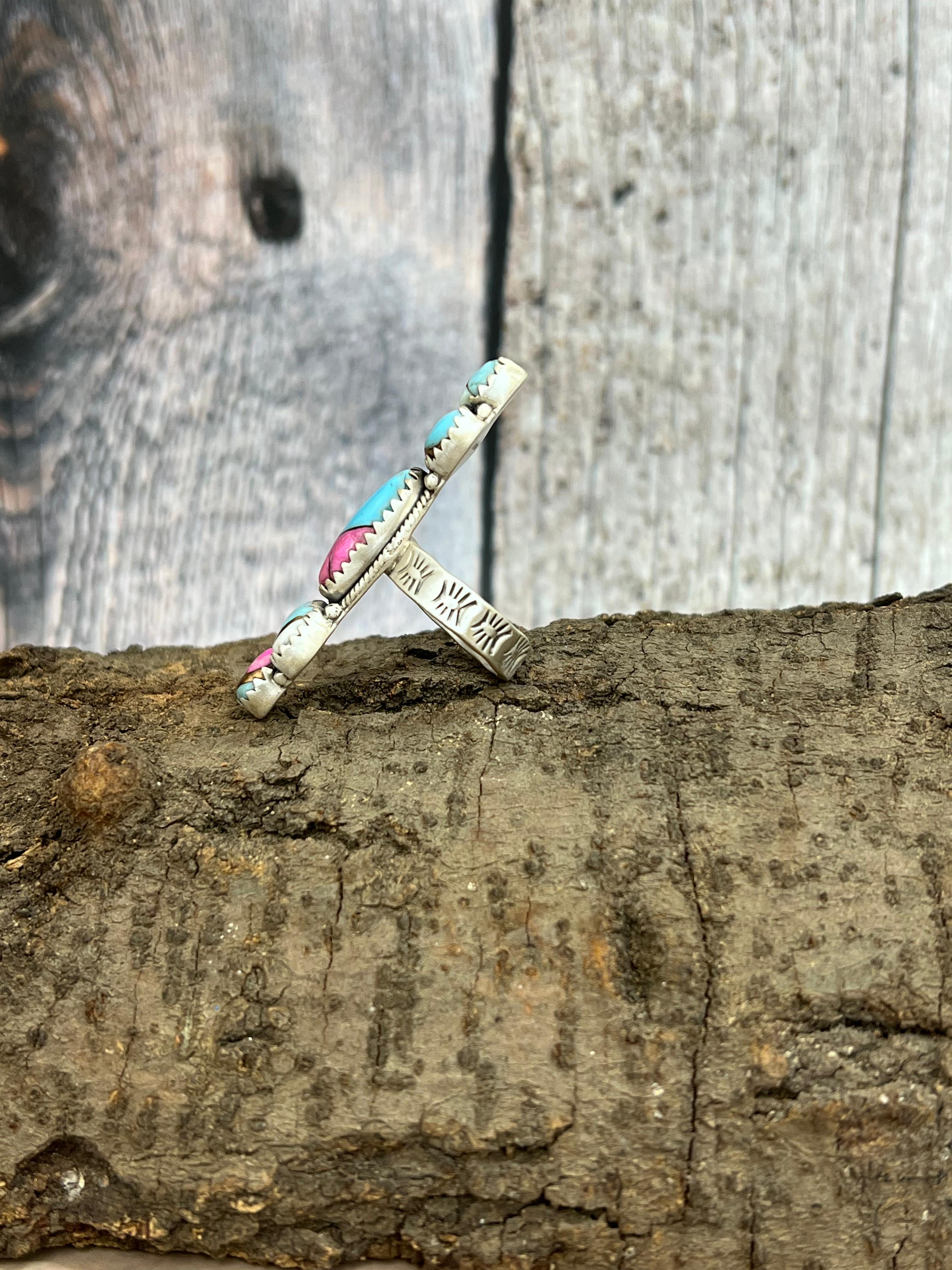 Handmade Sterling Silver Cotton Candy Turquoise Adjustable Rings with Signed Nizhoni