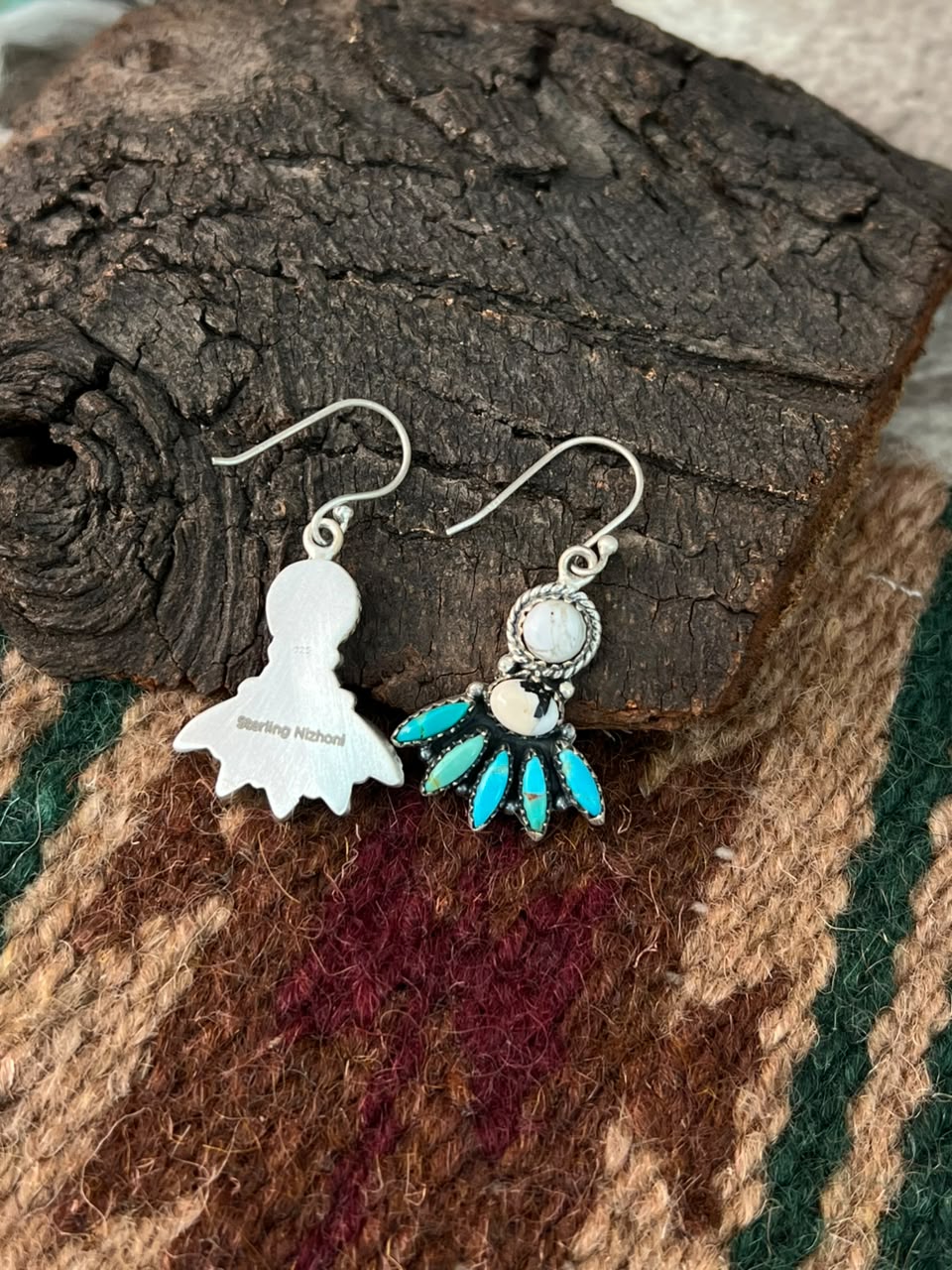 Handmade Sterling Silver Kingman Turquoise with White Buffalo Hook Dangle Earrings Signed Nizhoni
