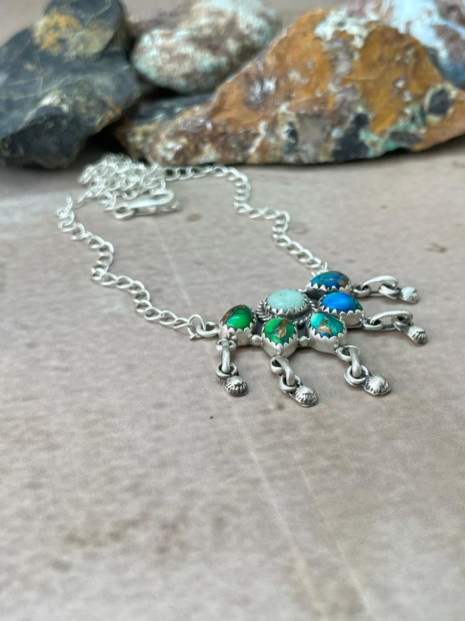 Handmade Sterling Silver Peacock Dahlia with Palomino Necklace "Signed Nizhoni" (8)