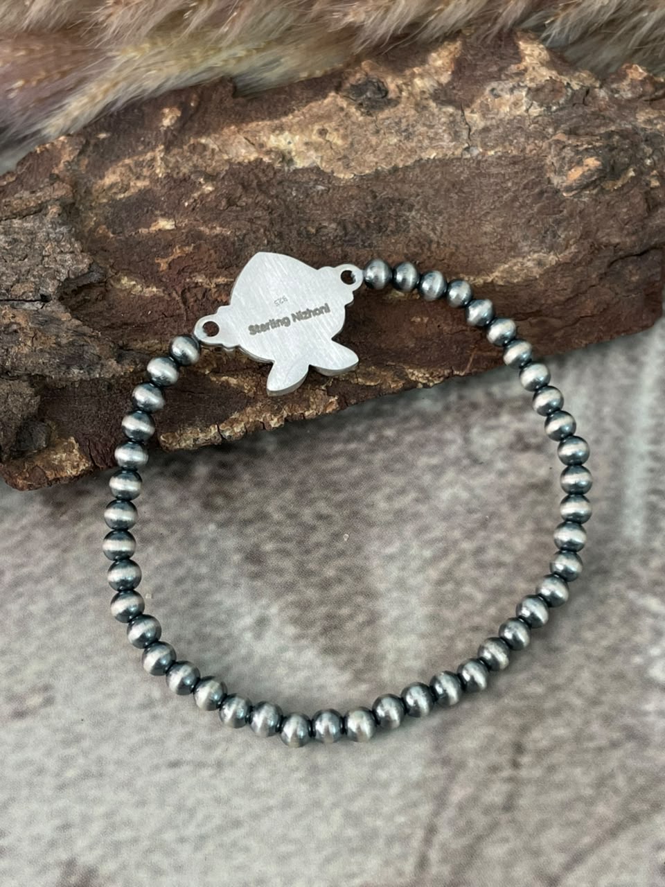 Handmade Sterling Silver Rosarita with Kingman Turquoise Cherry Stretchy Beaded Bracelet Signed Nizhoni
