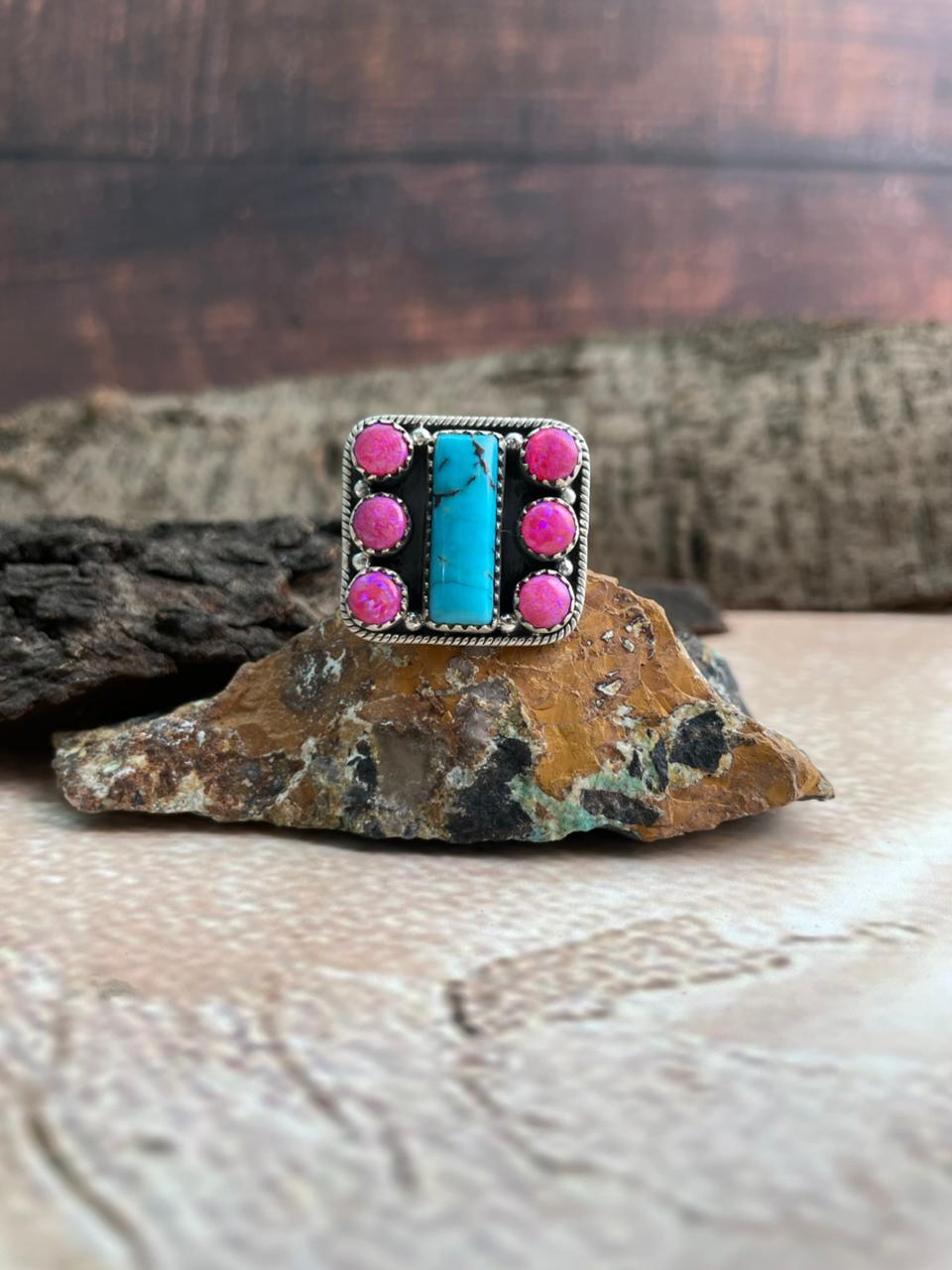 Handmade Sterling Silver Hot Pink with Arizona Turquoise Adjustable Ring "Signed Nizhoni"