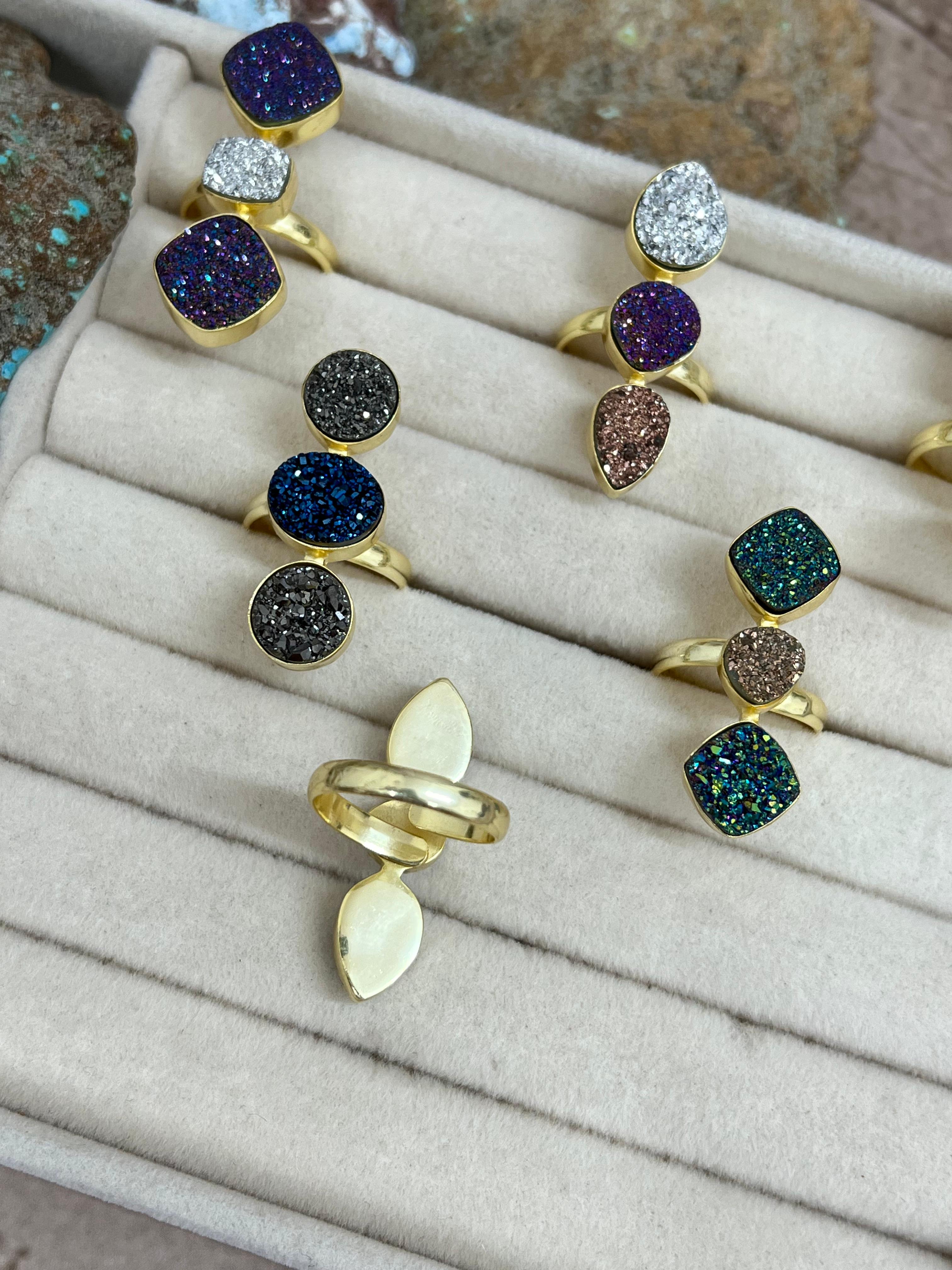 “The Boho Collection” Natural 3 Stone Druzy Adjustable Ring