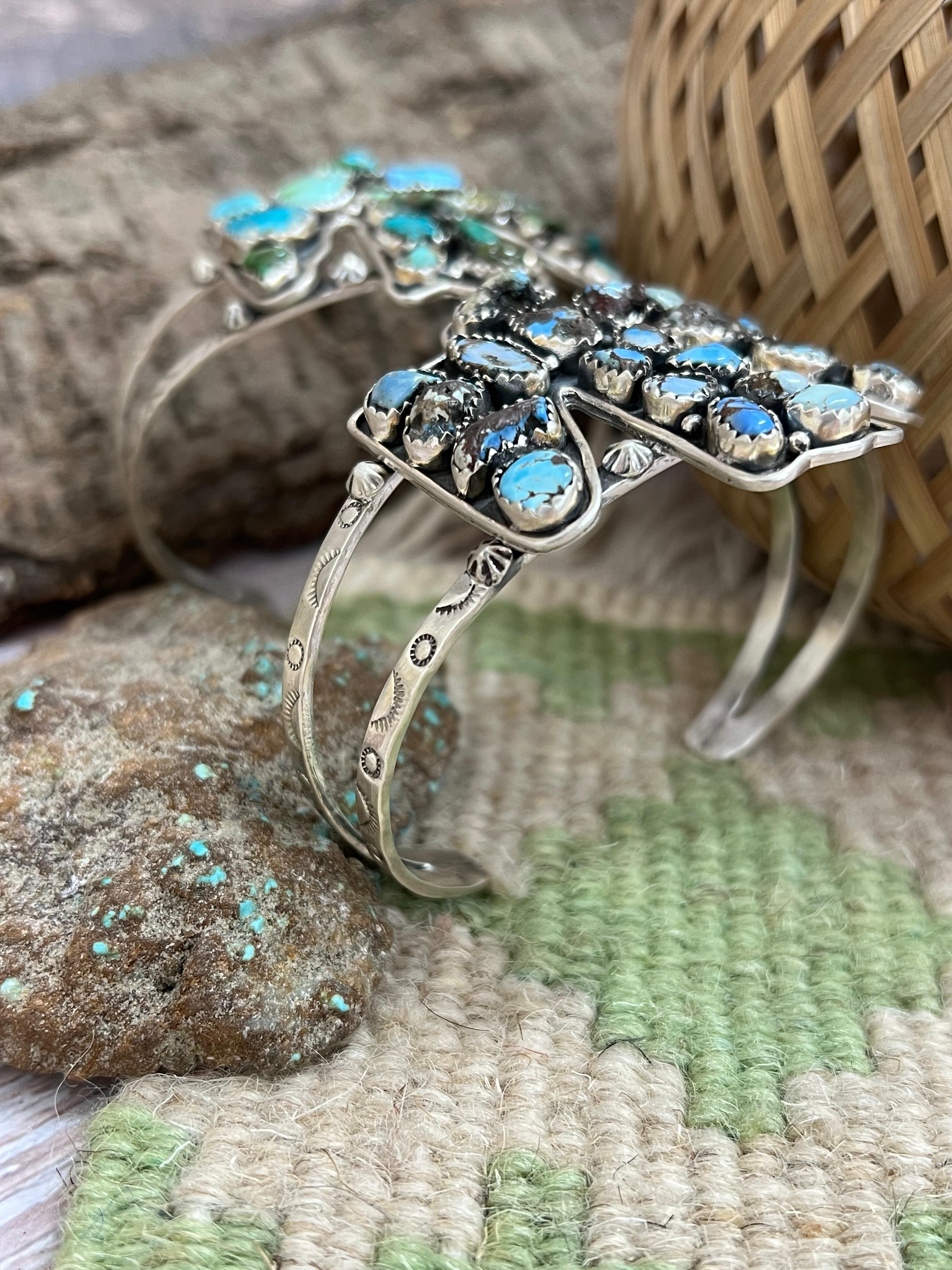 Handmade Sterling Silver Golden Hill, Sonoran Mountain Turquoise Thunder Bird Bracelet with Signed Nizhoni /