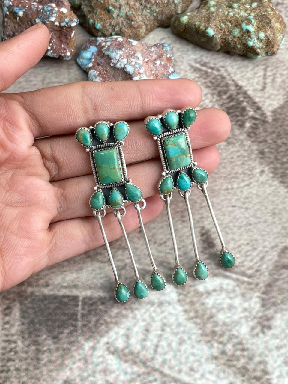 Handmade Sterling Silver Kingman Turquoise Post Dangle Earrings with Signed Nizhoni (9)