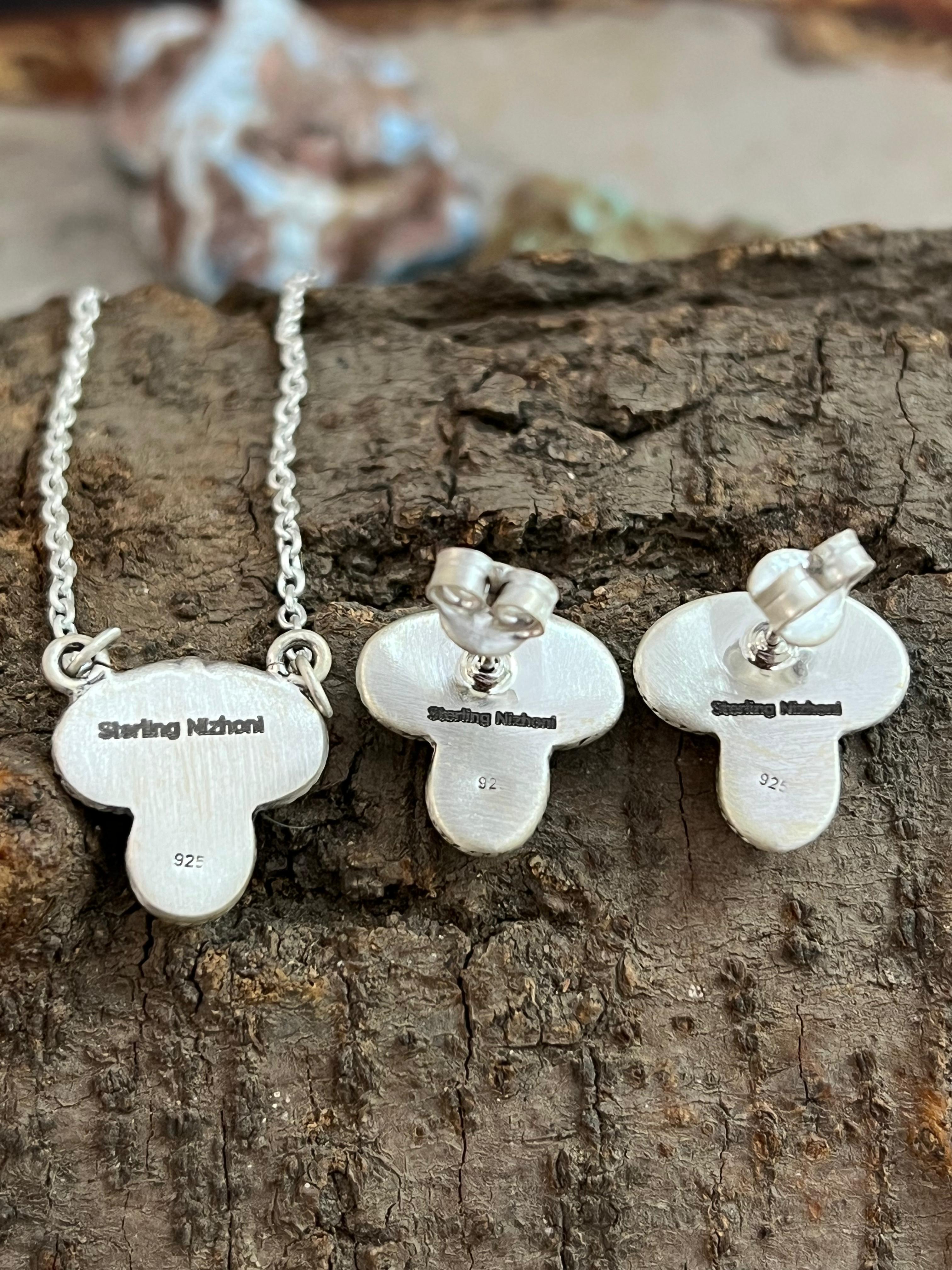 Handmade Sterling Silver White Buffalo with Kingman Turquoise Necklace Earrings Set, Signed Nizhoni