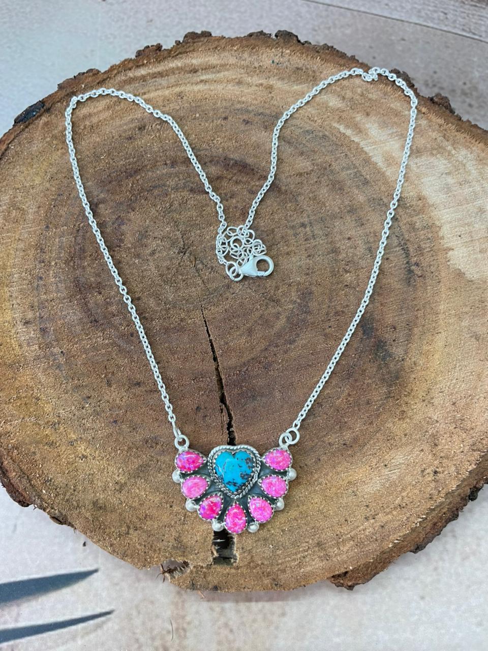 Handmade Sterling Silver Kingman with Hot Pink Necklace "Signed Nizhoni"