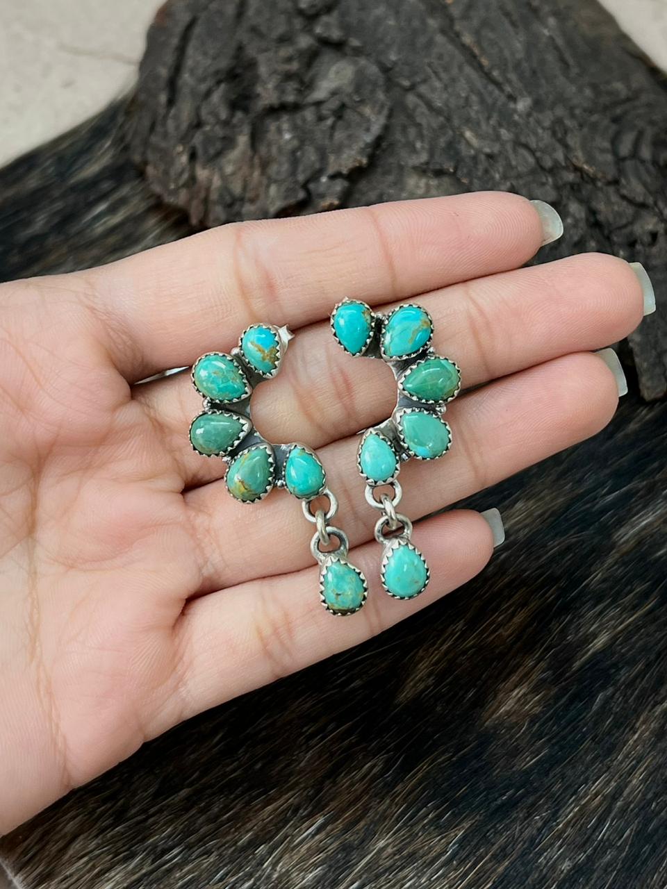 Handmade Sterling Silver Kingman Turquoise Post Dangle Earrings "Signed Nizhoni"