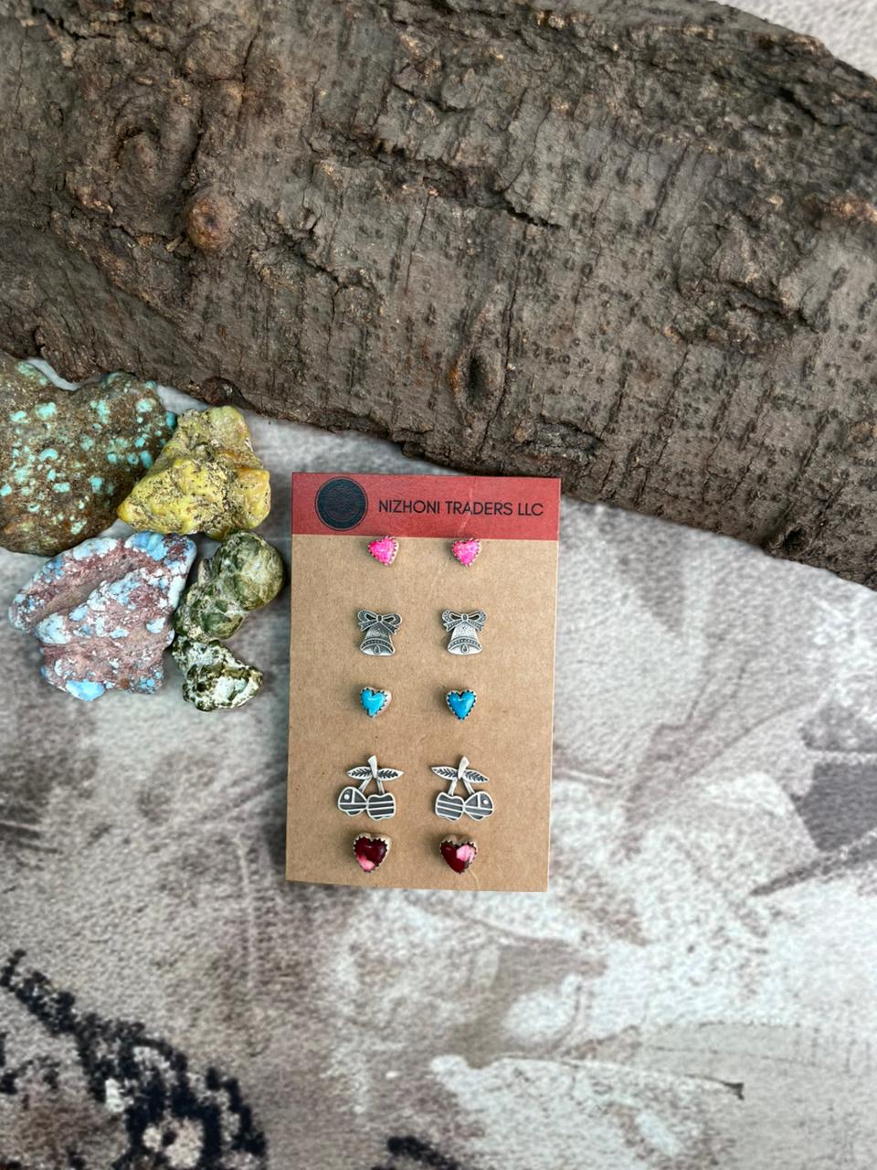 Handmade Sterling Silver Multi Stones Post Studs (Cards) "Signed Nizhoni"