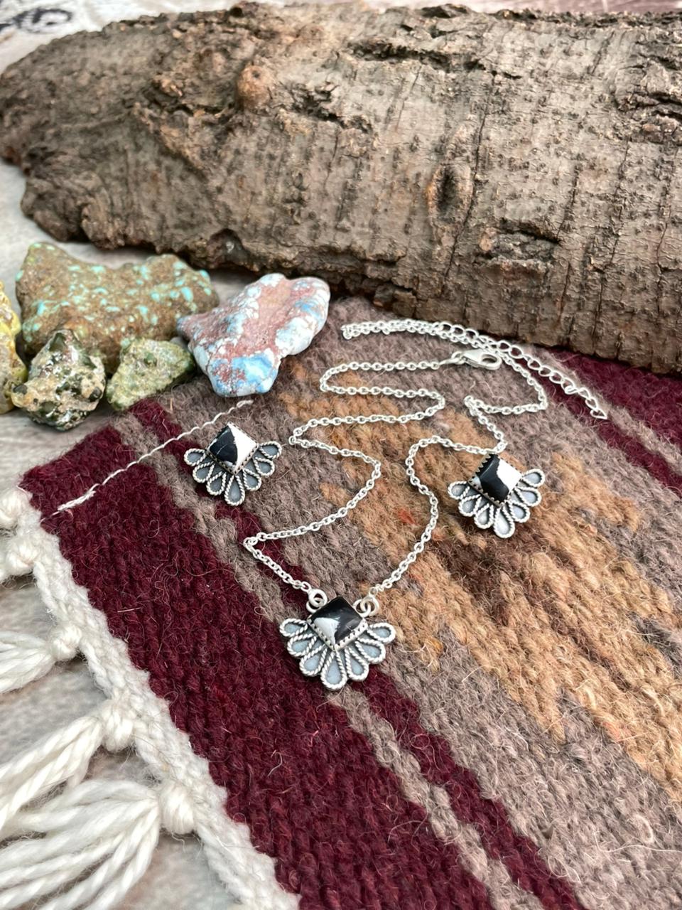 Handmade Sterling Silver White Buffalo Necklace Earrings Set "Signed Nizhoni"