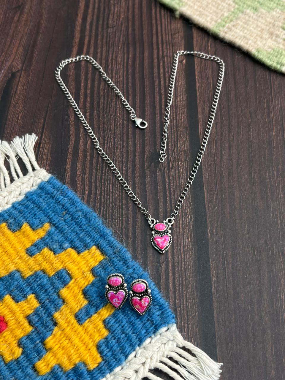 Handmade Sterling Silver Hot Pink Necklace Earrings Set "Signed Nizhoni"