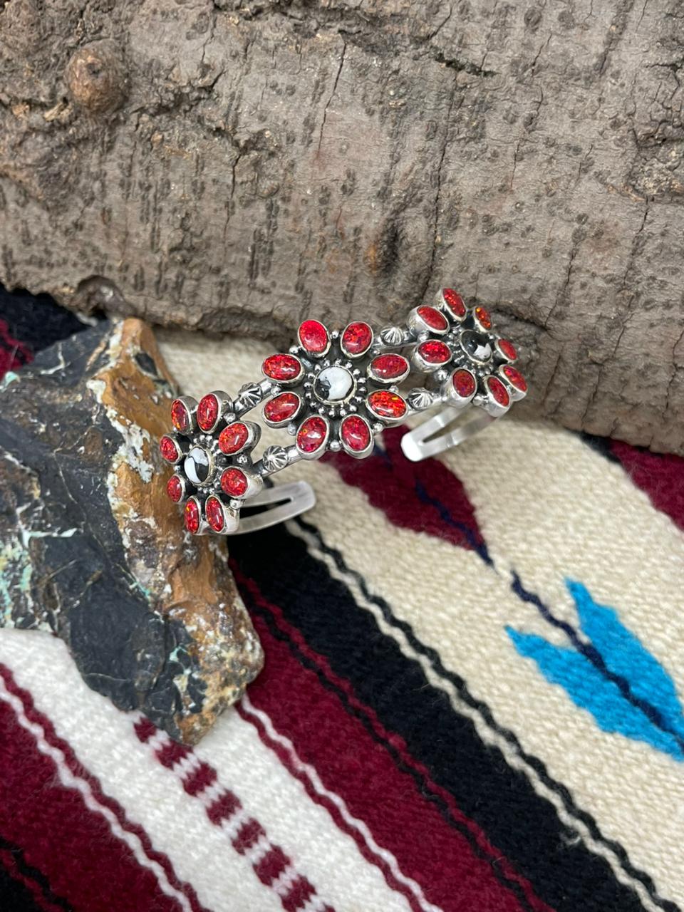 "Christmas Collection" Handmade Sterling Silver White Buffalo With Red Opal Cuff Bracelet "Signed Nizhoni"