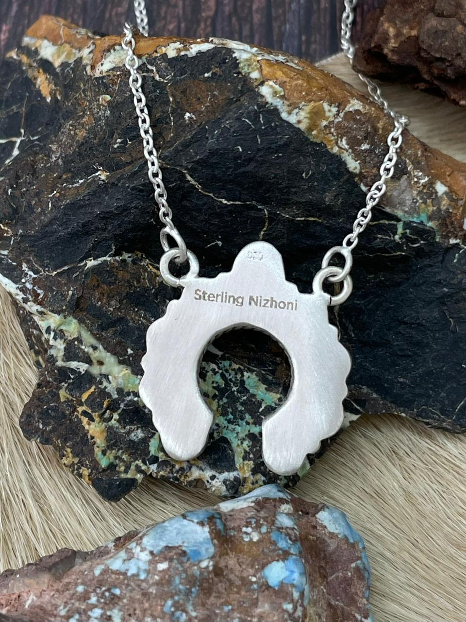 Handmade Sterling Silver Kingman Turquoise Naja Necklace "Signed Nizhoni"