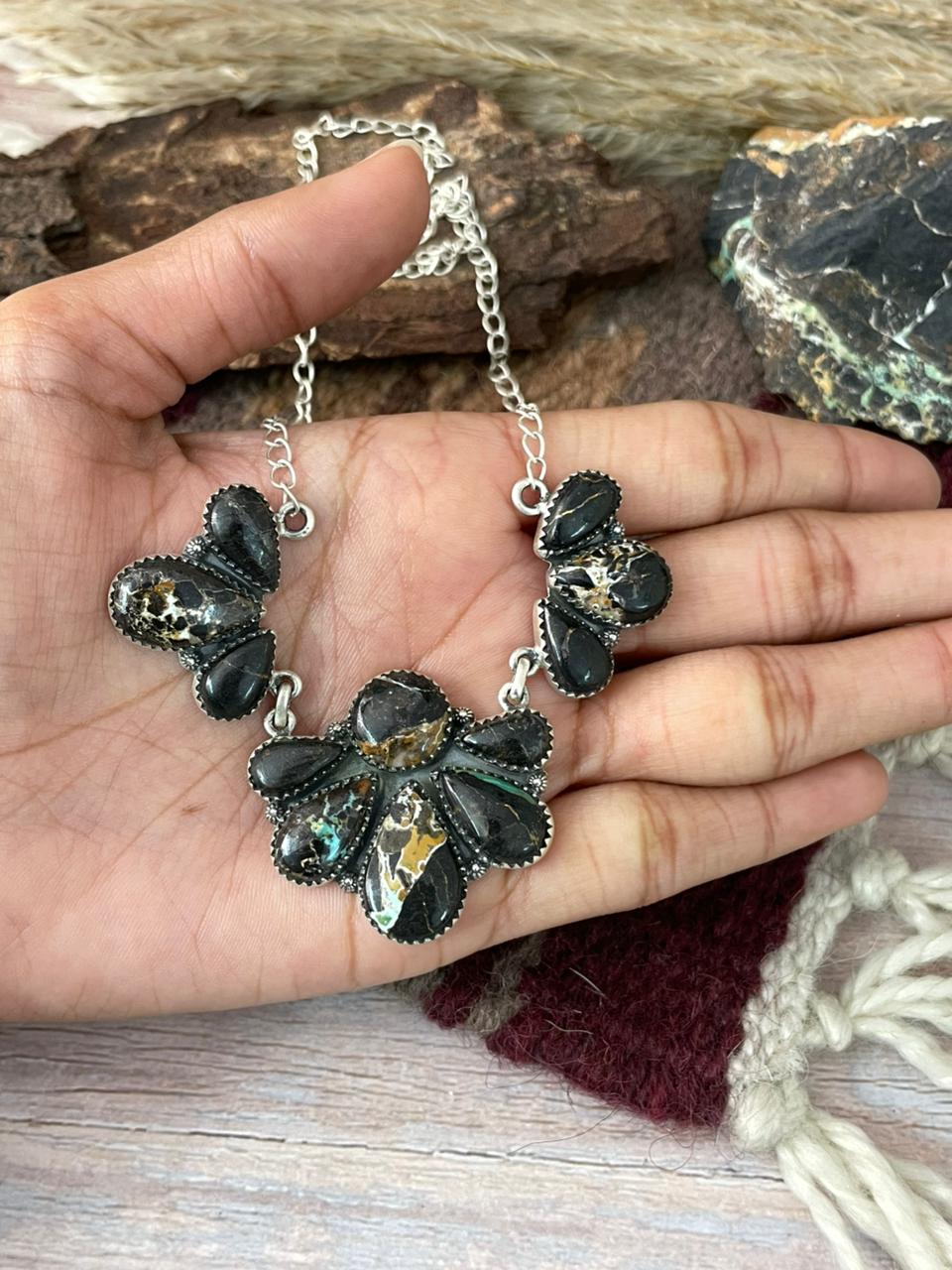 Handmade Sterling Silver Blackjack Turquoise Necklace "Signed Nizhoni"