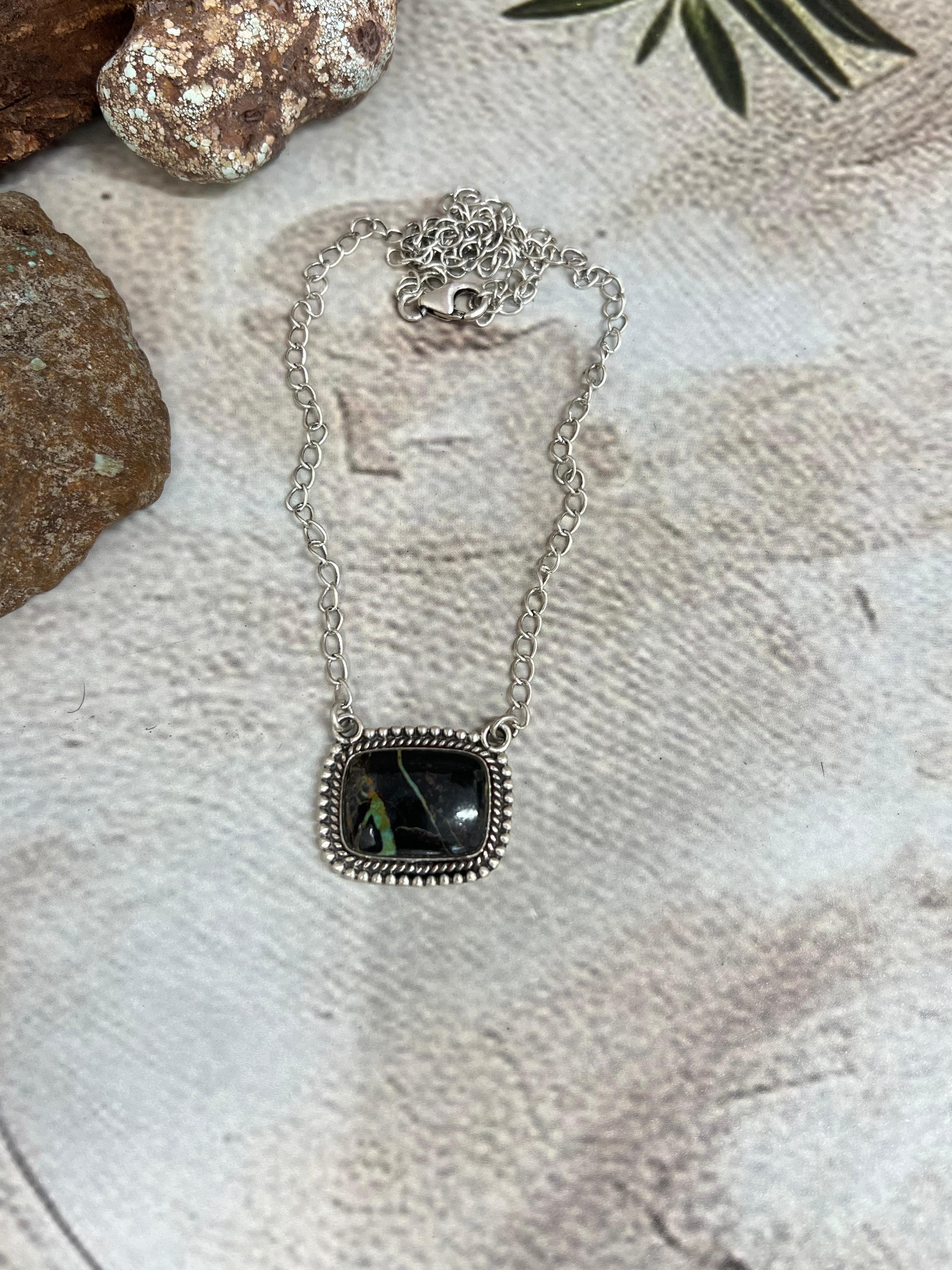 Handmade Sterling Silver Blackjack Turquoise Necklace Signed Nizhoni