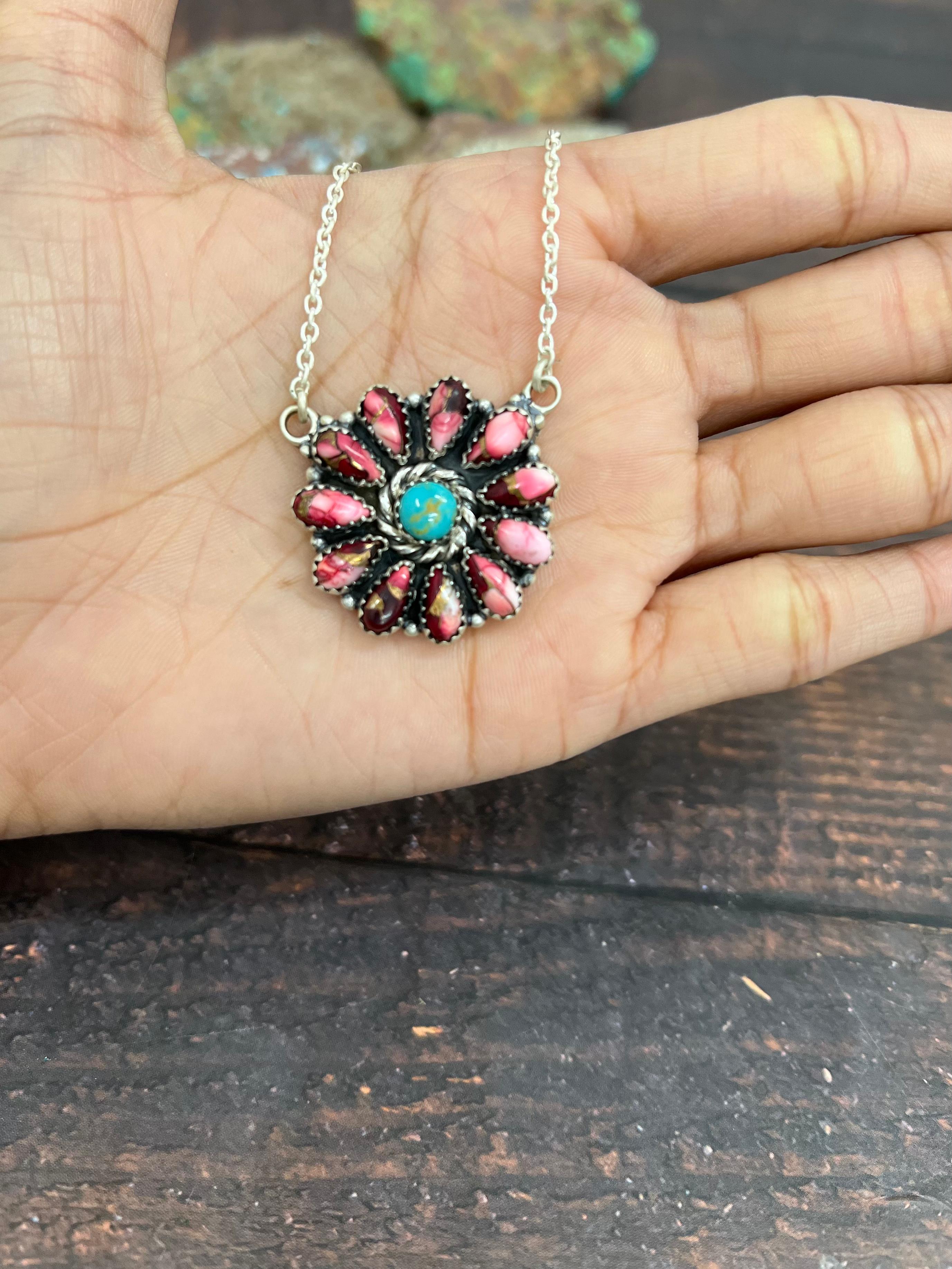 Handmade Sterling Silver Dahlia Rose, Kingman Turquoise Necklace with Signed Nizhoni
