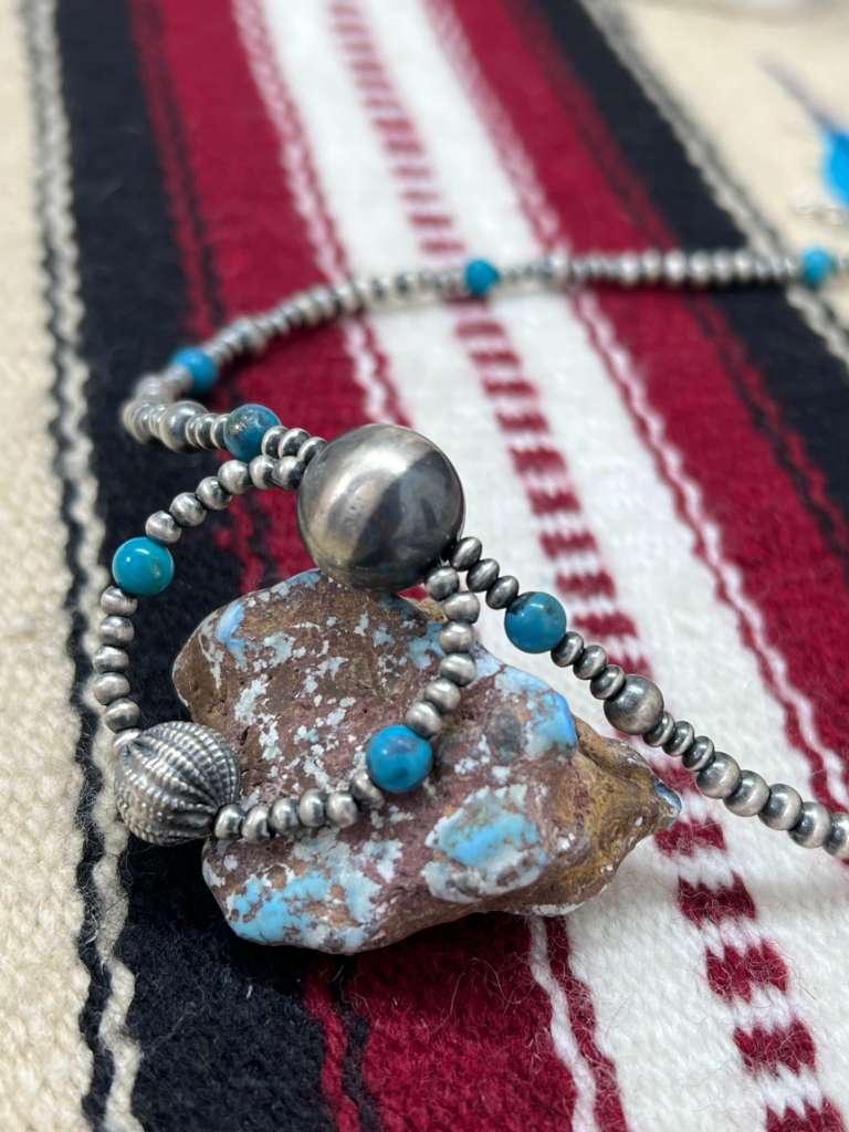 Handmade Sterling Silver Kingman Turquoise Beaded Necklace with Signed Nizhoni